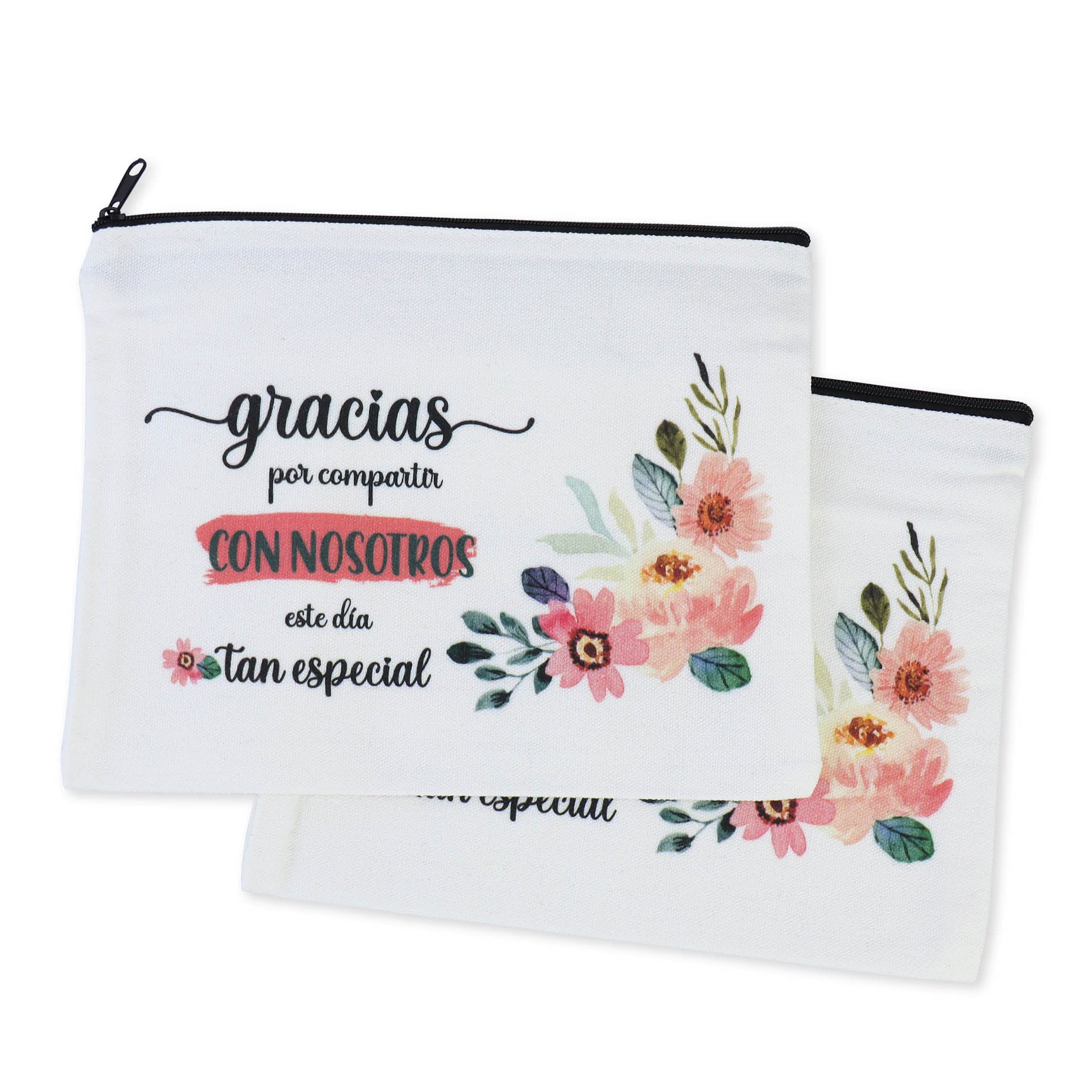 Pack de 12 a 36 uds | Neceser Frase Agradecimiento Invitados | Estilo Natural con Cremallera | 23 x 18 cm | Regalo Boda | 2 Diseños, No Personalizable | Regalantes (24, Flor)