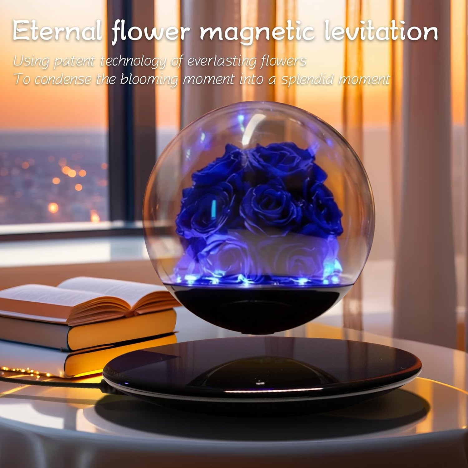 Magnetic Levitating Preserved Flowers Blue Rose with LED Lights 360° Rotating Floating Flower Lamp for Home Desk Decor, Unique Romantic Gift for Valentine's, Anniversaries, and Weddings