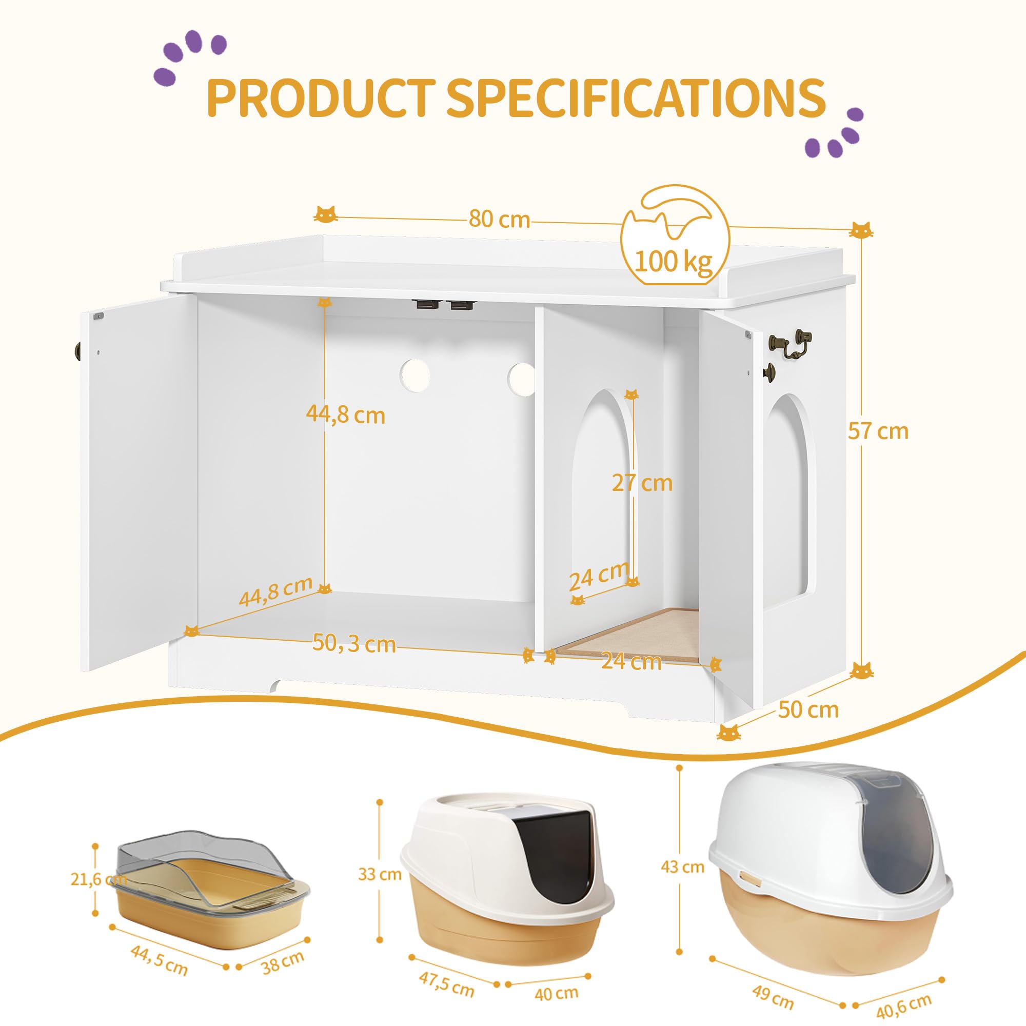 Hzuaneri Mobile Lettiera per Gatti Maniglie,80cm Bianco,Armadietto Lettiera | 80 x 50 x 57 cm Casetta per Gatti con Porta, Tavolino in Legno per la Casetta, Robusto Armadietto per Gatto, CB05703X