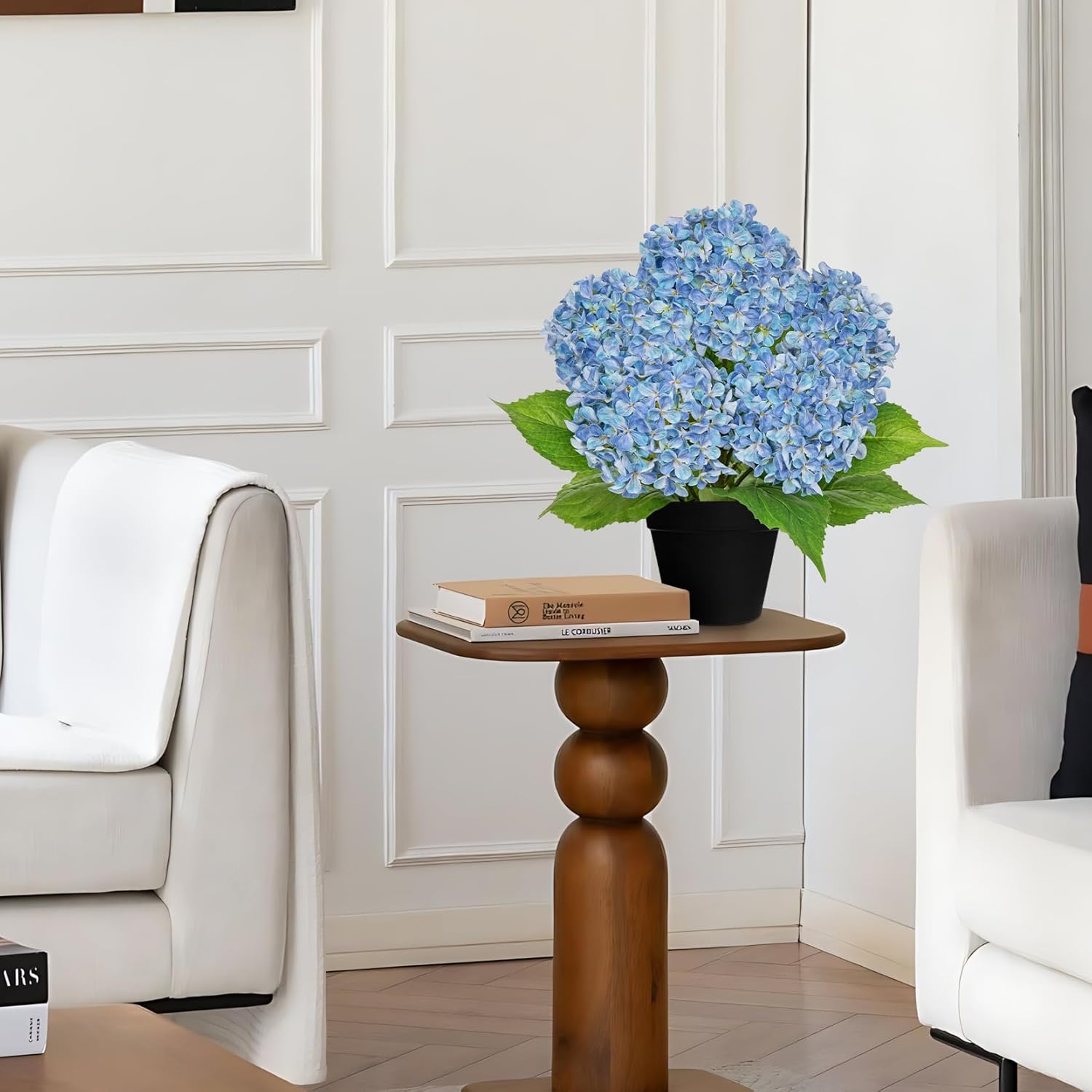 18" Hydrangea Artificial Flowers Plant in Black Plastic Pot, Fake Hydrangeas Plants for Home Office Indoor Outdoor Decor, Realistic Floral Centerpiece for Living Room & Porch Decorations, Blue