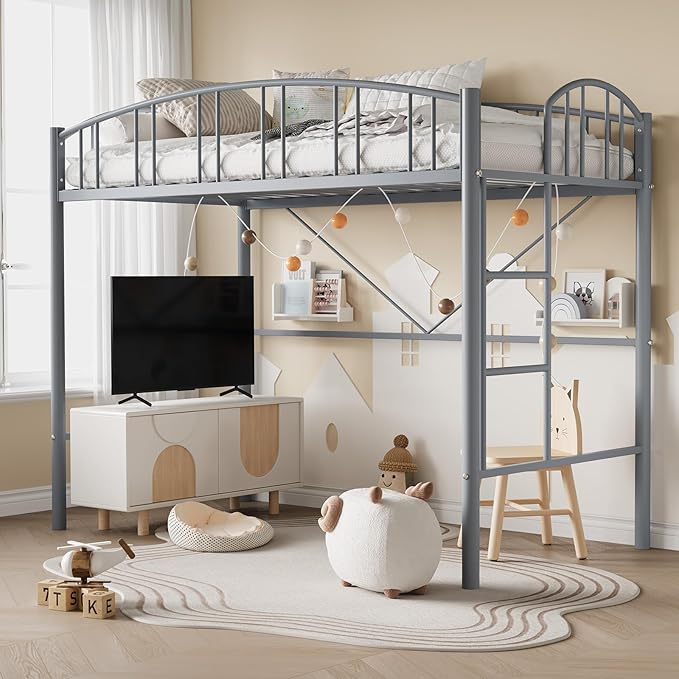 Loft Bed Twin Size with Stairs and Arched Guardrail, Sturdy Metal Slats Support, Space Saving, Noise Free, No Box Spring Needed, Ideal for Kid Room and Dorm, Matte Gray