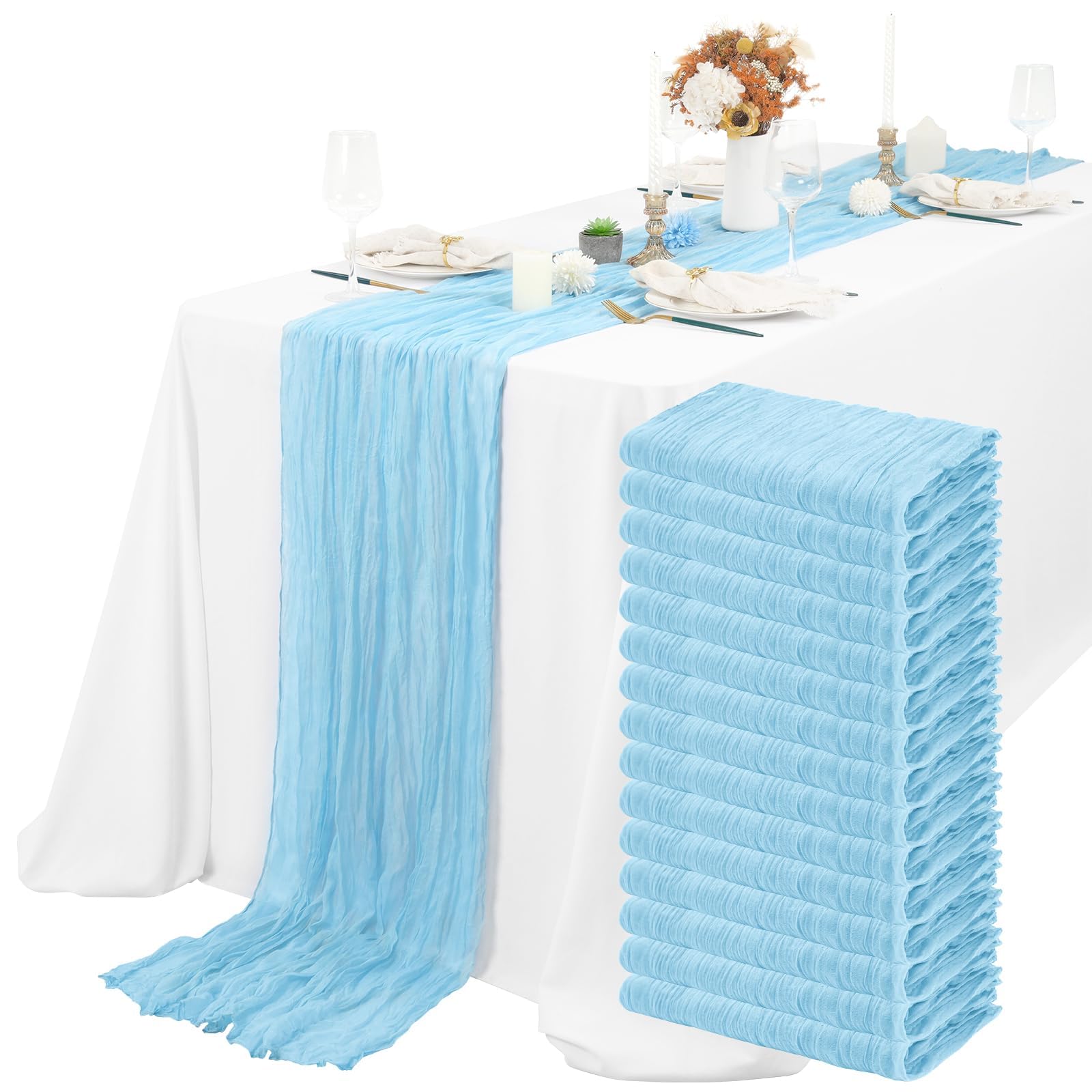 15 Packs Cheesecloth Table Runner Light Blue Semi-Sheer Table Runner 55x300cm, Rustic Gauze Boho Table Runner, Wedding Table Decor Table Cloth for Bridal Shower Party Wedding Holiday