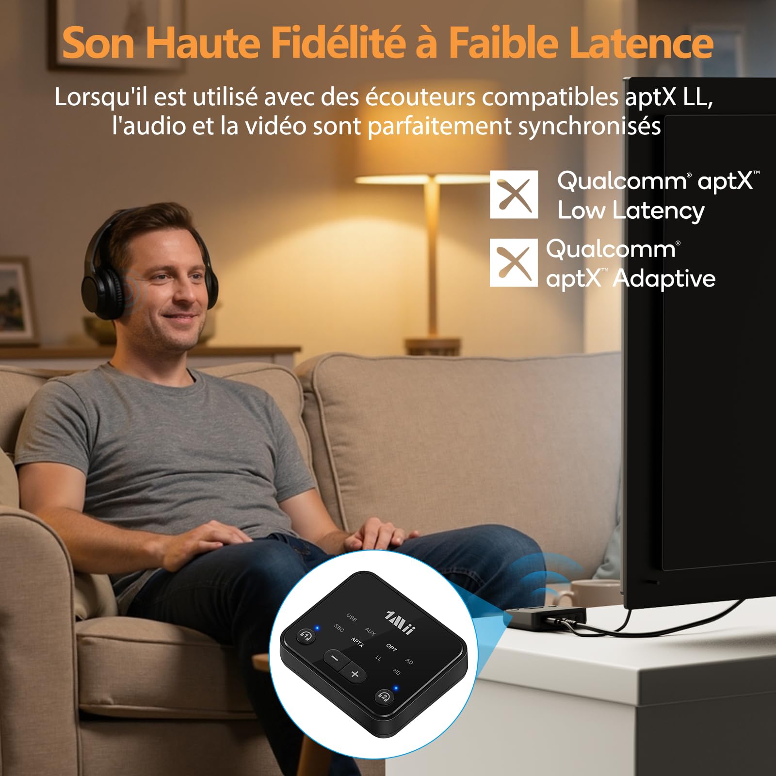 1Mii B06T6 Émetteur Bluetooth 5.3 pour TV vers 2 Casques sans Fil, aptX Adaptive & Faible Latence, Transmetteur Adaptateur Bluetooth, Double Connexion, Contrôle du Volume, Optique/USB/AUX/RCA