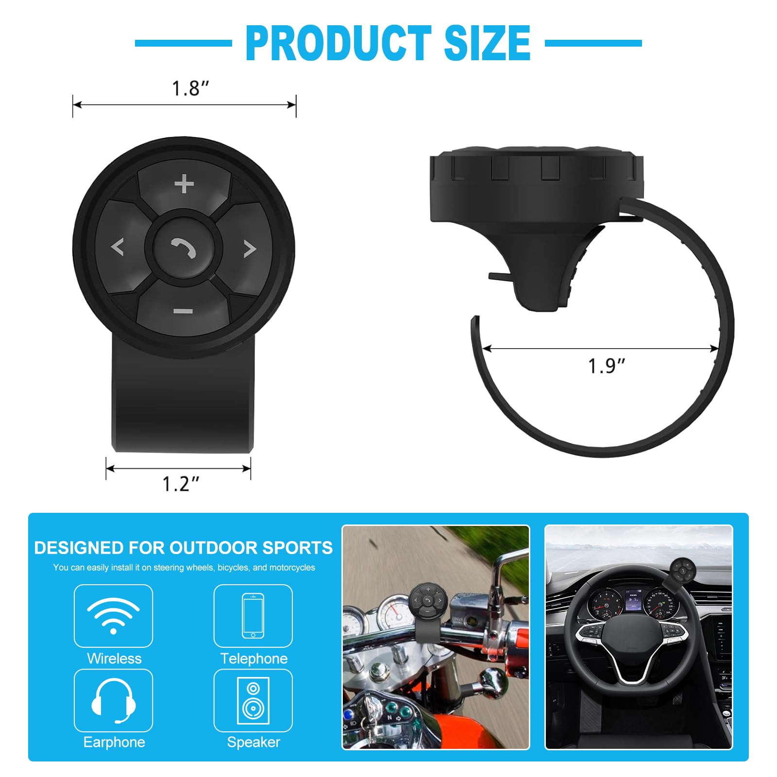 Fyearfly Telecomando Multimediale Bluetooth Casco, Cuffie Wireless per Casco Bt Audio Player Controller Moto Manubrio Supporto Universale, per Controllare Musica, Chiamate, Volume