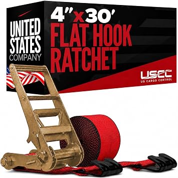 US Cargo Control Flat Hook Ratchet Strap 4 x 30, 5,400 LBS Working Load Limit, Red 4 Inch Ratchet Strap with Black Flat Hook, Professional 4 Inch Strap for Flatbed Trailers