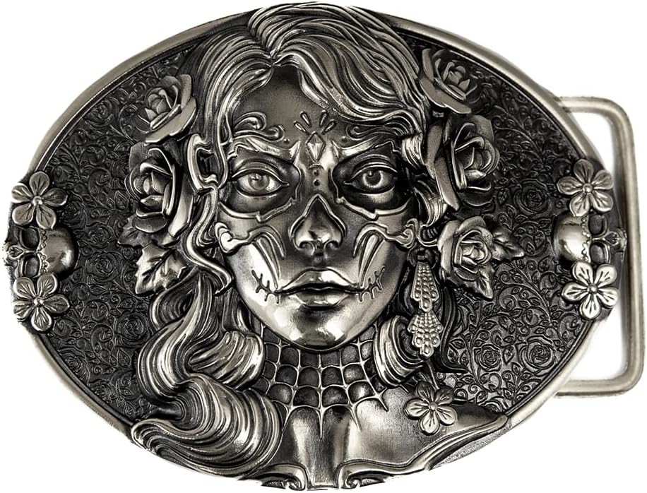 Sugar skull woman german silver belt buckle, Santa Muerte, Santa Catarina, Skull El Día de Muertos, mexican The Day of the Dead accessory for men and women, solid belt buckle