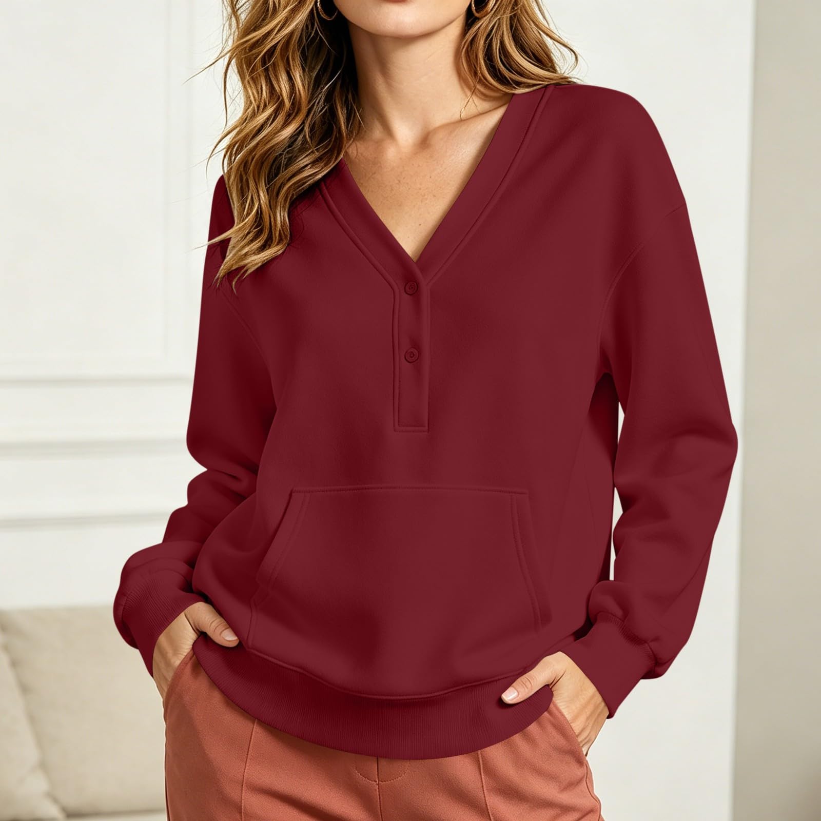 Generico Felpa Leggera Donna Felpa Leggera con Mezza Bottoni Scollo a V Casual Giacca con Tasche Taglie Forti Spessa Giubbotto da Autunno a Maniche Lunghe Moda Felpe per Fitness Jogging Tinta Unita
