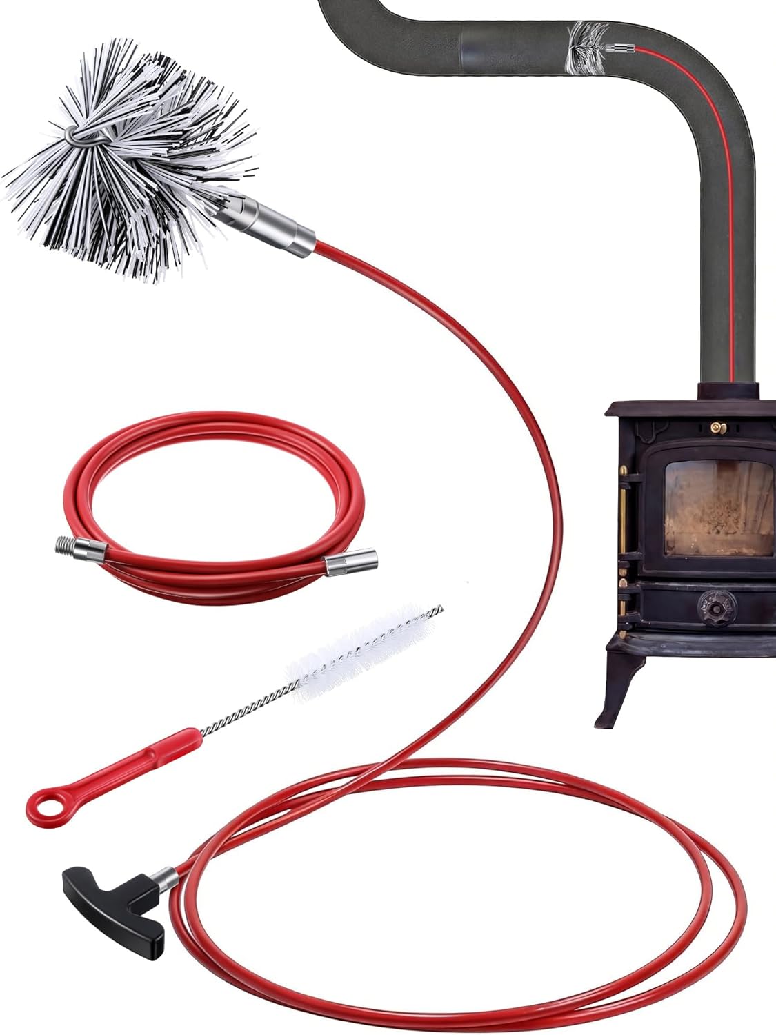 Feekoon Pellet Stove Cleaning Kit, 20 FT Flexible Steel Rod with 3" Brush Head, Flue Detail Cleaner, Pellet Stove Accessories for Vent Pipes Cleaning - Reduce Buildup & Improve Airflow