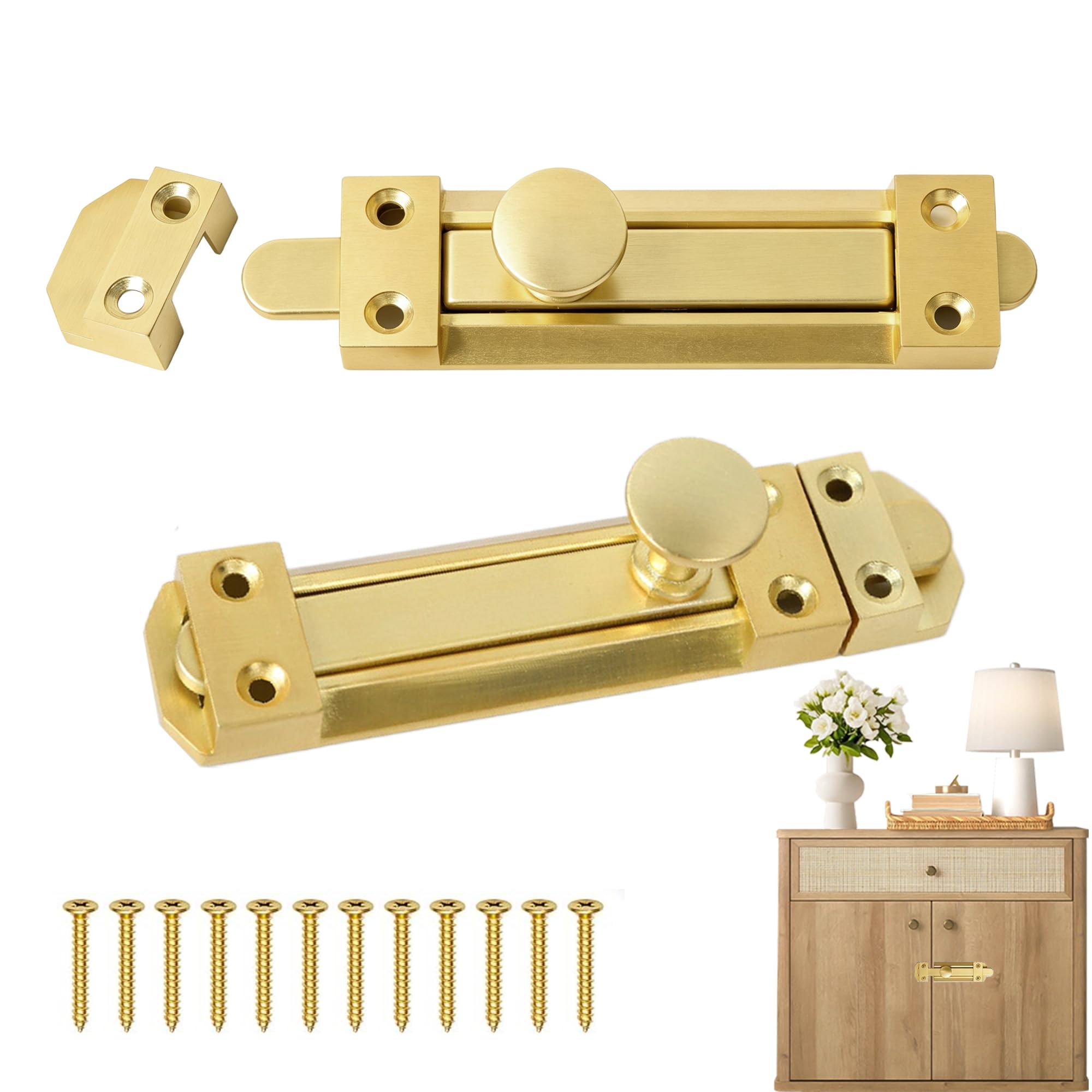 5 Inch Brass Brushed Sliding Door Bolt, 2 Pack with Screws