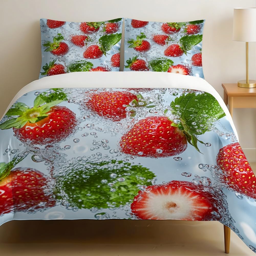 Parure de lit fraise 200x200 pour une chambre printanière et colorée