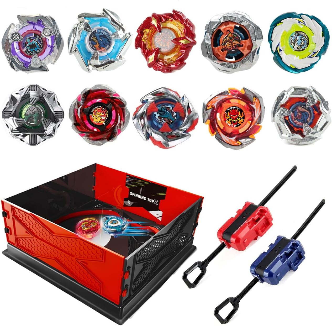 Gyro Battling Spinning Tops, Battle Gyro Top Set, Burst Battling Stadium, Two Way Launchers Grip Starter, Great Gifts for Children Age 6+ (10 Set X Stadium)