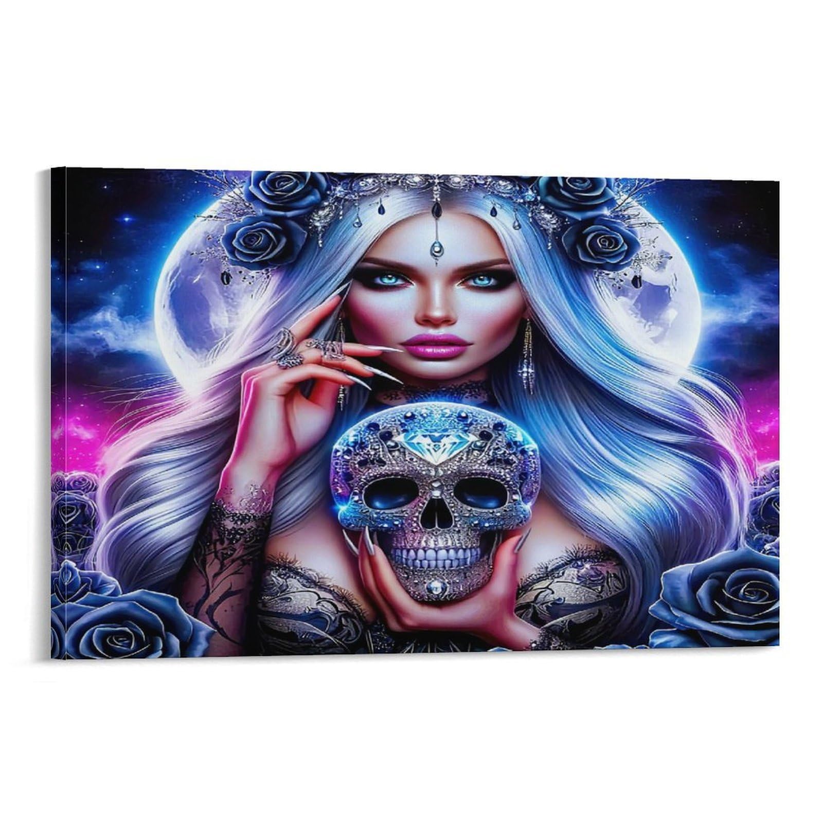 CPLVKWRQJ Skull Single Silver Hair Lady Holding Jeweled Skull Roses Canvas Wall Decor - Kitchen Removable Wall Art Multi-Purpose Focal Point Decor 16x24inch(40x60cm)