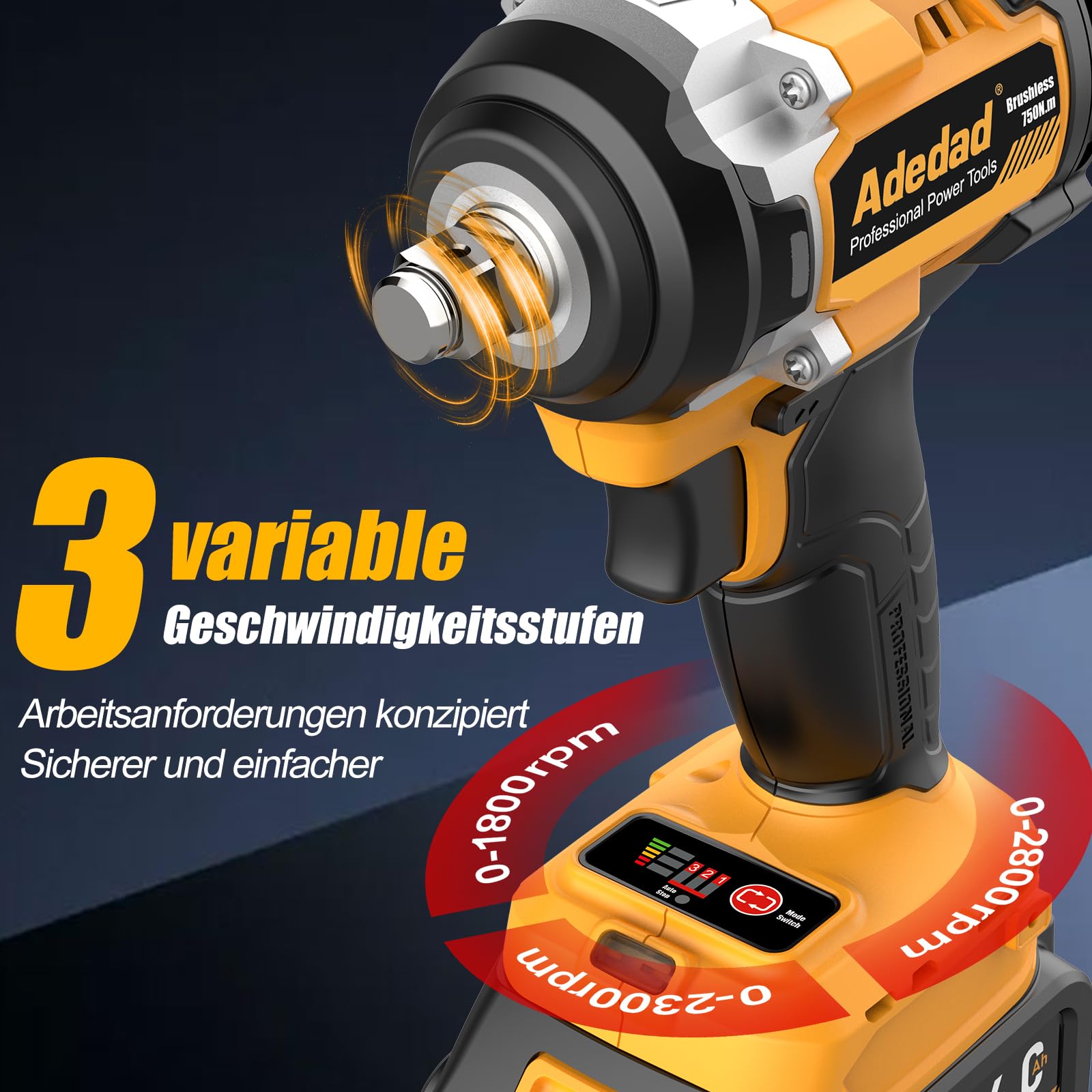 1/2" Schlagschrauber 750N.m Bürstenlos Hohes Drehmoment Elektro-Schlagschrauber with 2x4.0AH Batterie und Schnellladegerät für Auto-Reparatur,Reifenwechsel,Bauwerkzeug,DIY | 2x4.0Ah Akku und Ladegerät, Stecknüsse, Verlangerung und koffer Impact Wrench für