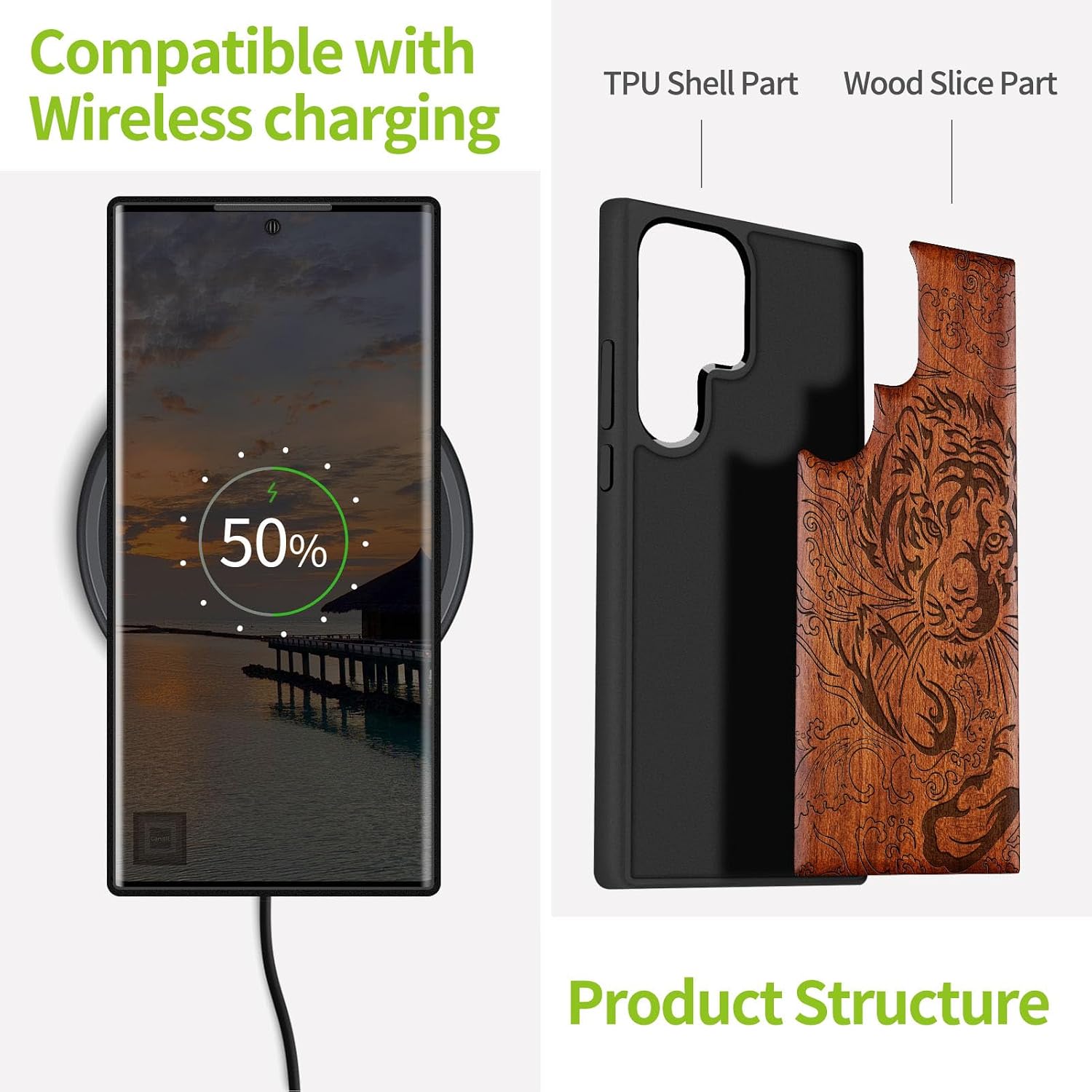 Carveit Wood Case for Galaxy S23 Ultra Case [Natural Wood & Black Soft TPU] Shockproof Protective Cover Unique Wooden Design Compatible with Samsung S23 Ultra (Tiger Waves-Rosy)