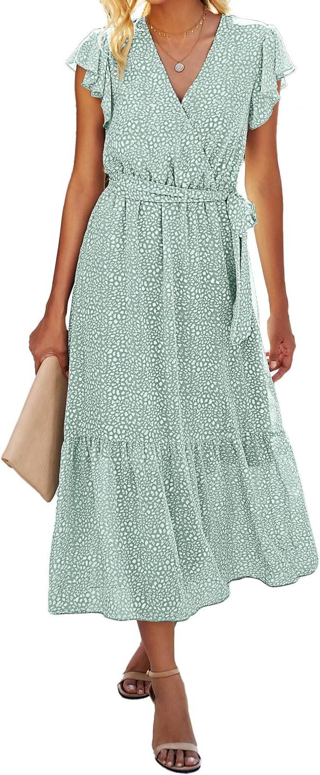 Women Summer Bohemian Floral Casual Wrap V Neck Ruffle Cap Sleeveless Belt A-Line Pleated Hem Midi Sun Dress White