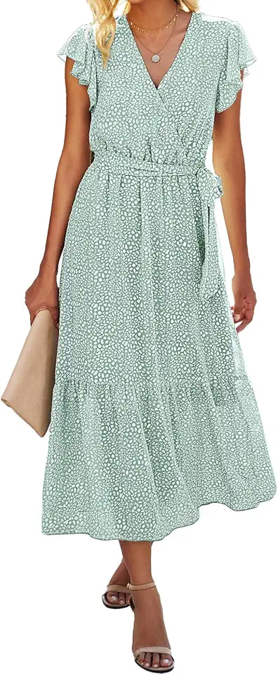 Vestido feminino de verão, boêmio, floral, casual, com decote em V, babados, sem mangas, cinto evasê, bainha plissada, midi vestido de sol branco