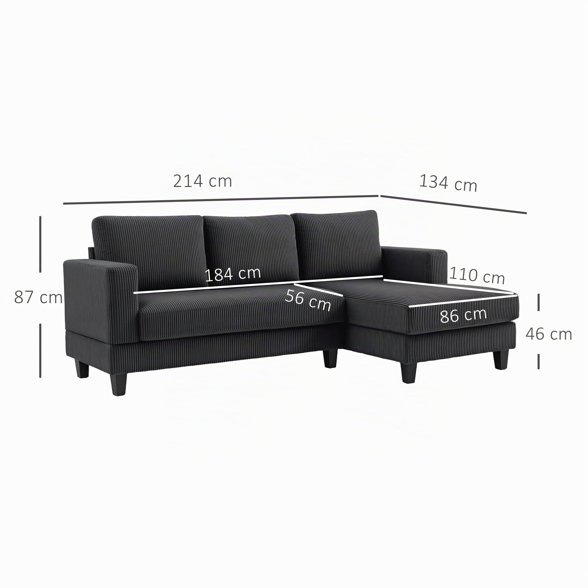 HOMCOM Ecksofa Couch mit Chaiselongue L Form 214 x 134 x 87 cm Dunkelgrau | 3 Sitzer Sofa, Gepolsterte Eckcouch mit Cord-Optik, Hochdichtem Schaumstoff, bis 400 kg, für Wohnzimmer, Schlafzimmer