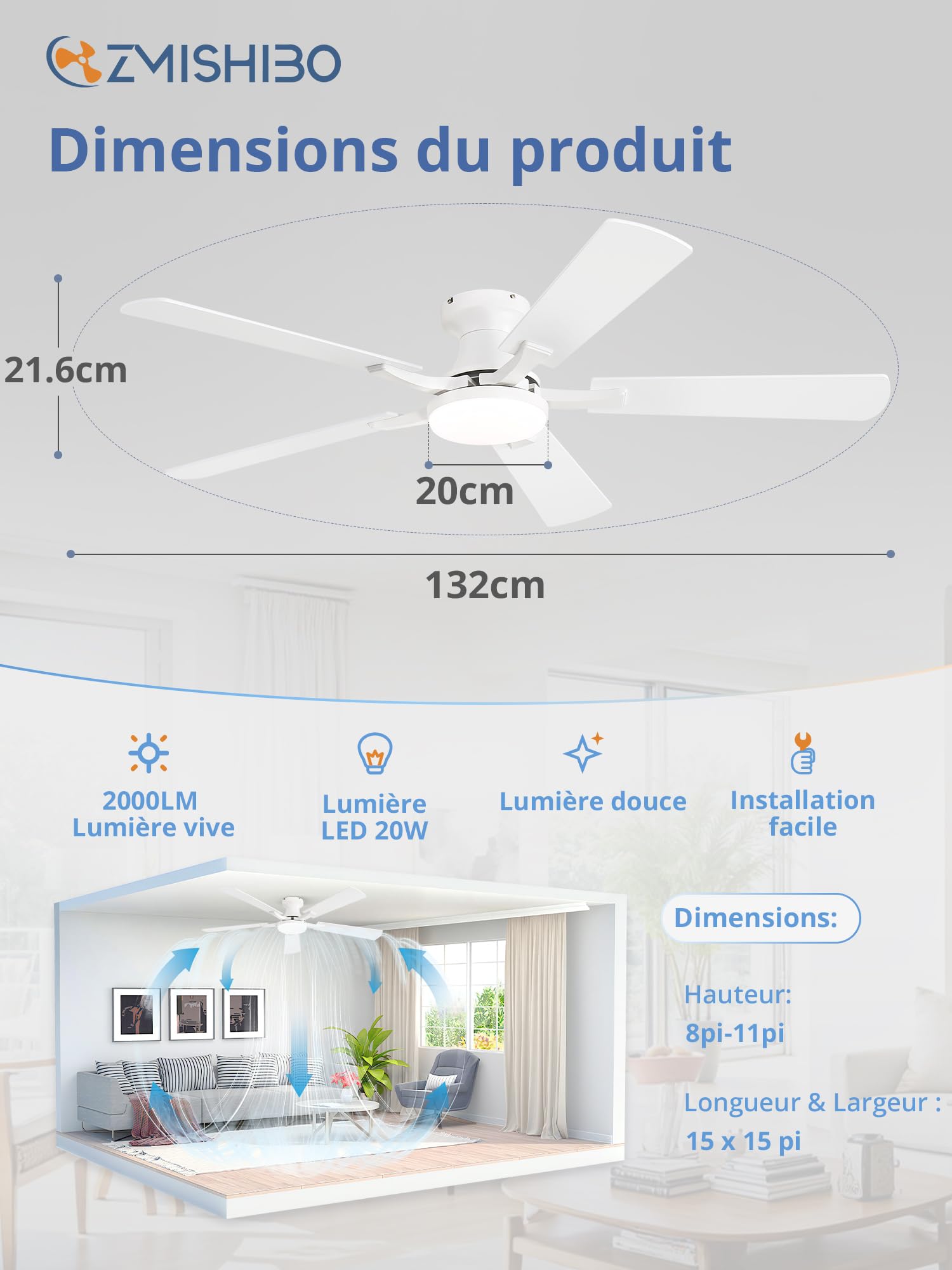 ZMISHIBO Ventilateur de Plafond avec Lumière 132 cm, Ventilateur Silencieux avec Télécommande et App, Plafonnier Ventilateur Design Plat, LED 20W Dimmable, Moteur DC Réversible, Blanc/Bois