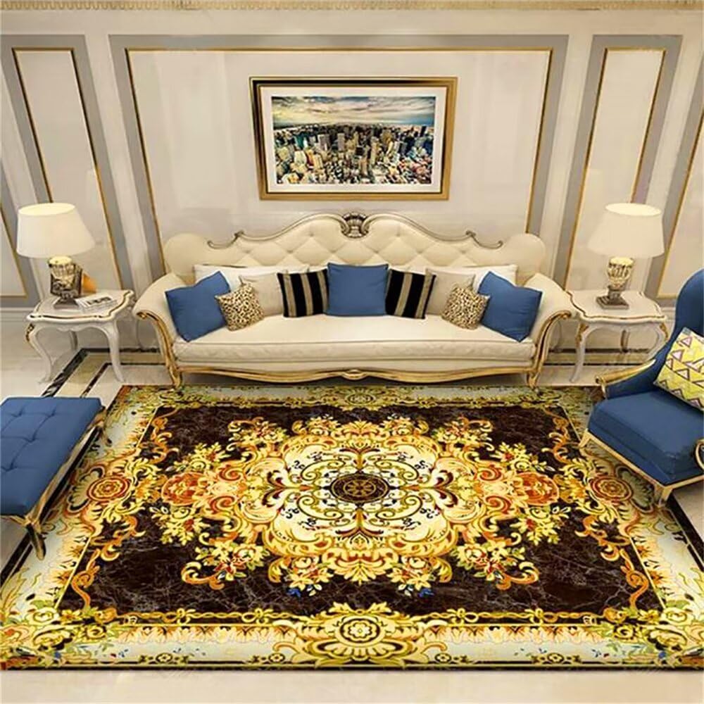 Tapis de salon jaune 160X230CM avec motif fleur et plante pour salle à manger