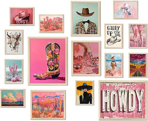 Aroutde Decoración de pared de vaquera rosa, arte de pared estético de vaquera occidental, decoración de habitación rosa preppy, cuadros de vaquera
