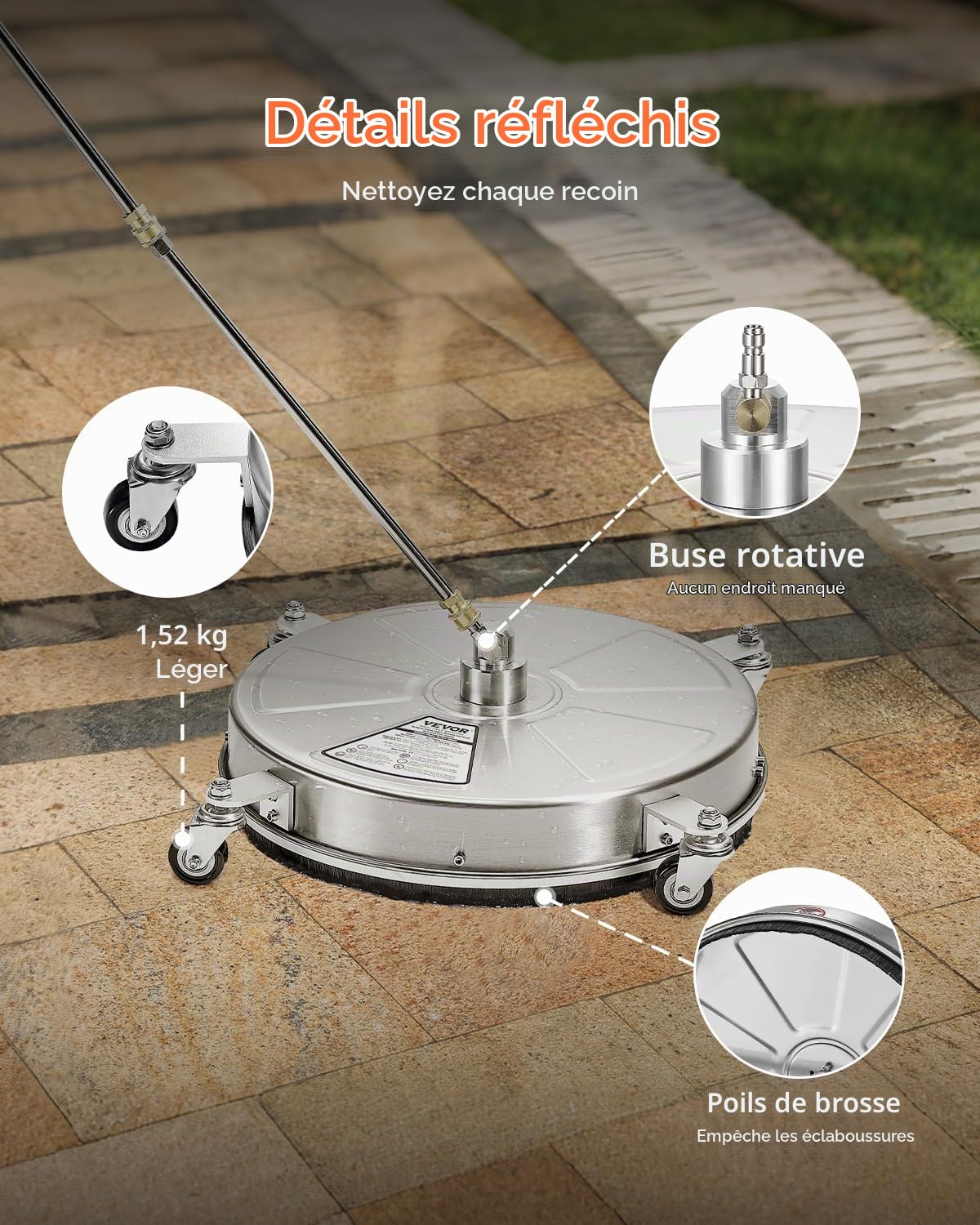 VEVOR Nettoyeur de Surface pour Nettoyeur Haute Pression 465 mm, Accessoire Nettoyeur Sol en Acier INOX sur Roues, 275 Bar Max. connecteur 0,635 cm 2 Buses pulvérisation 2 tiges Extension, pour béton