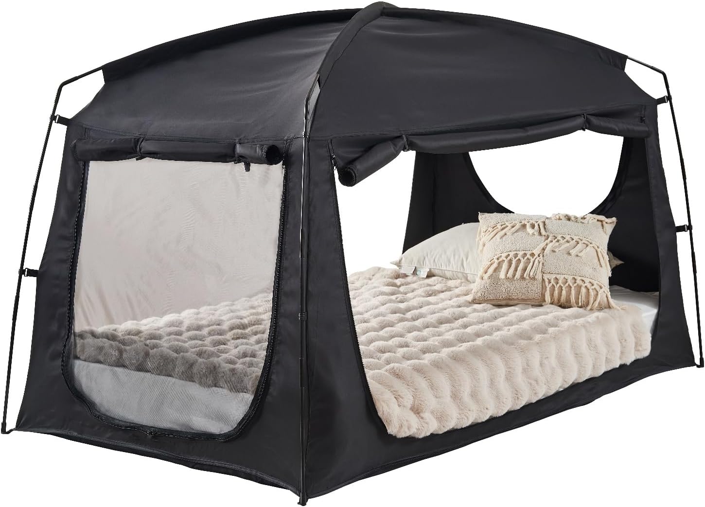 privacy sleep indoor bed tent for adults kids, portable blackout 90% canopy tents with 3 doors breathable mesh windows black full