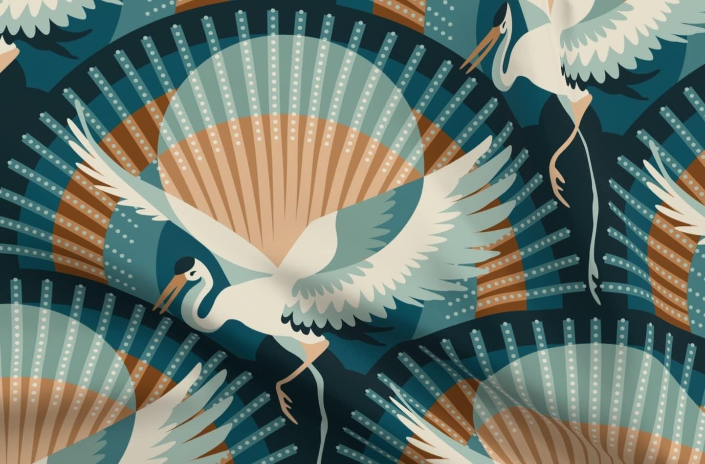 Spoonflower Fabric - Art Deco Heron Teal Copper Orange Large Scale Retro Geometric Sunset Printed on Petal Signature Cotton Fabric Fat Quarter - Sewing Quilting Apparel Crafts Decor