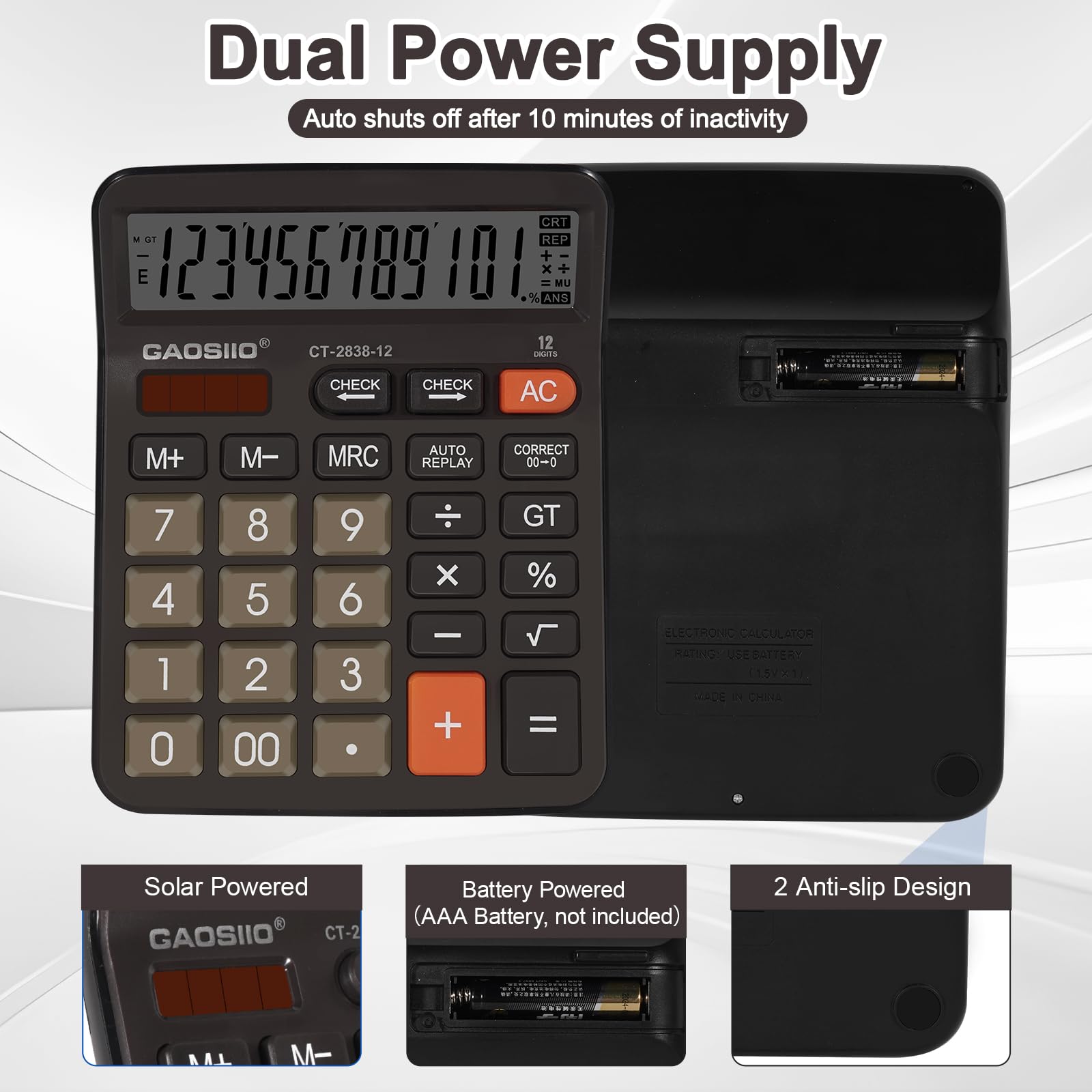 Calculadora de escritorio extra grande de 5 pulgadas, pantalla LCD de 12 dígitos, energía solar y batería, botón grande, función estándar para negocios, oficina, escuela (negro)