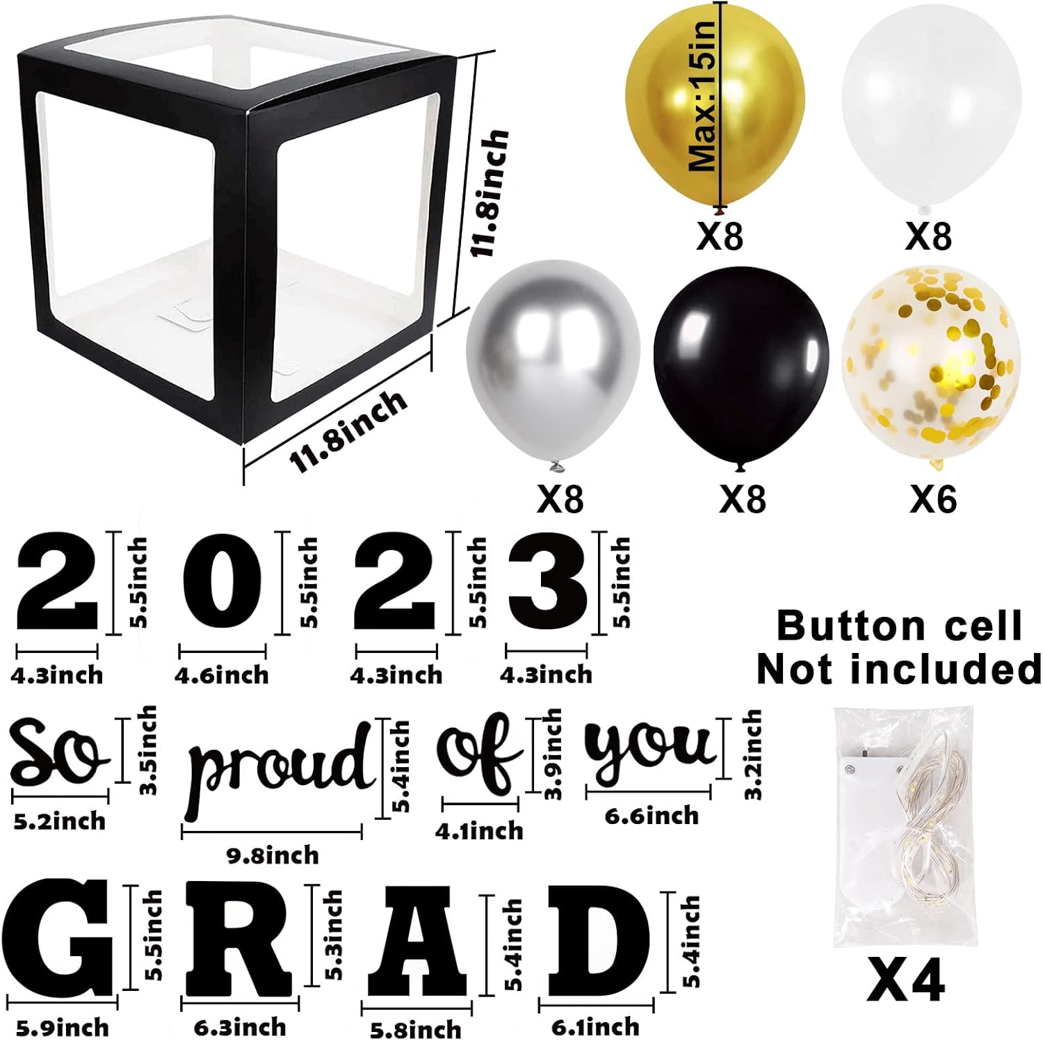 2023 Graduation Decorations:4 Pcs Black Balloons Boxes with LED String Lights,24 Balloons and 6 Special Gold Sequins Confetti Balloons,Graduation Party Decorations Supplies for College High School