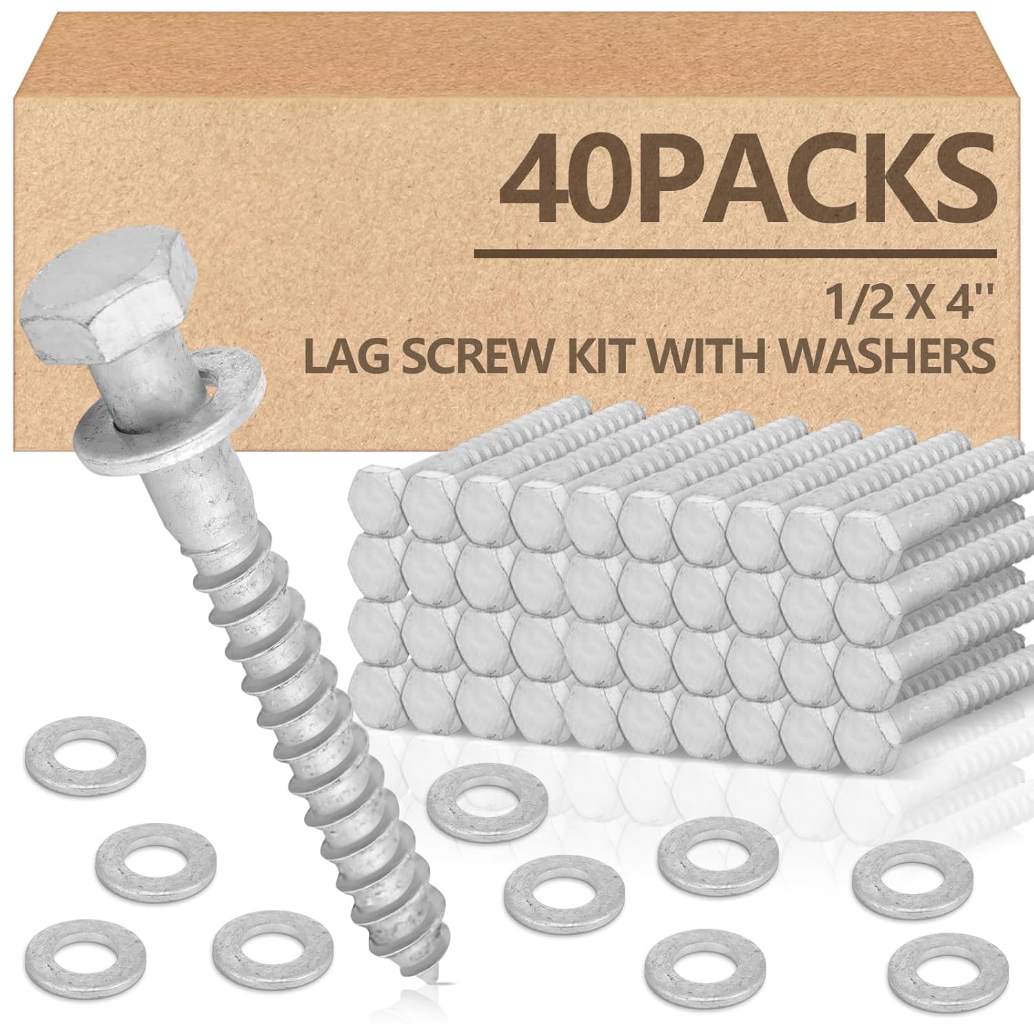 Tandefio 40 Pack 1/2 x 4'' Lag Screw Kit with Washers Hot Dip Galvanized Hex Lag Bolts Heavy Duty Wood Screws for Wood Decks Fences