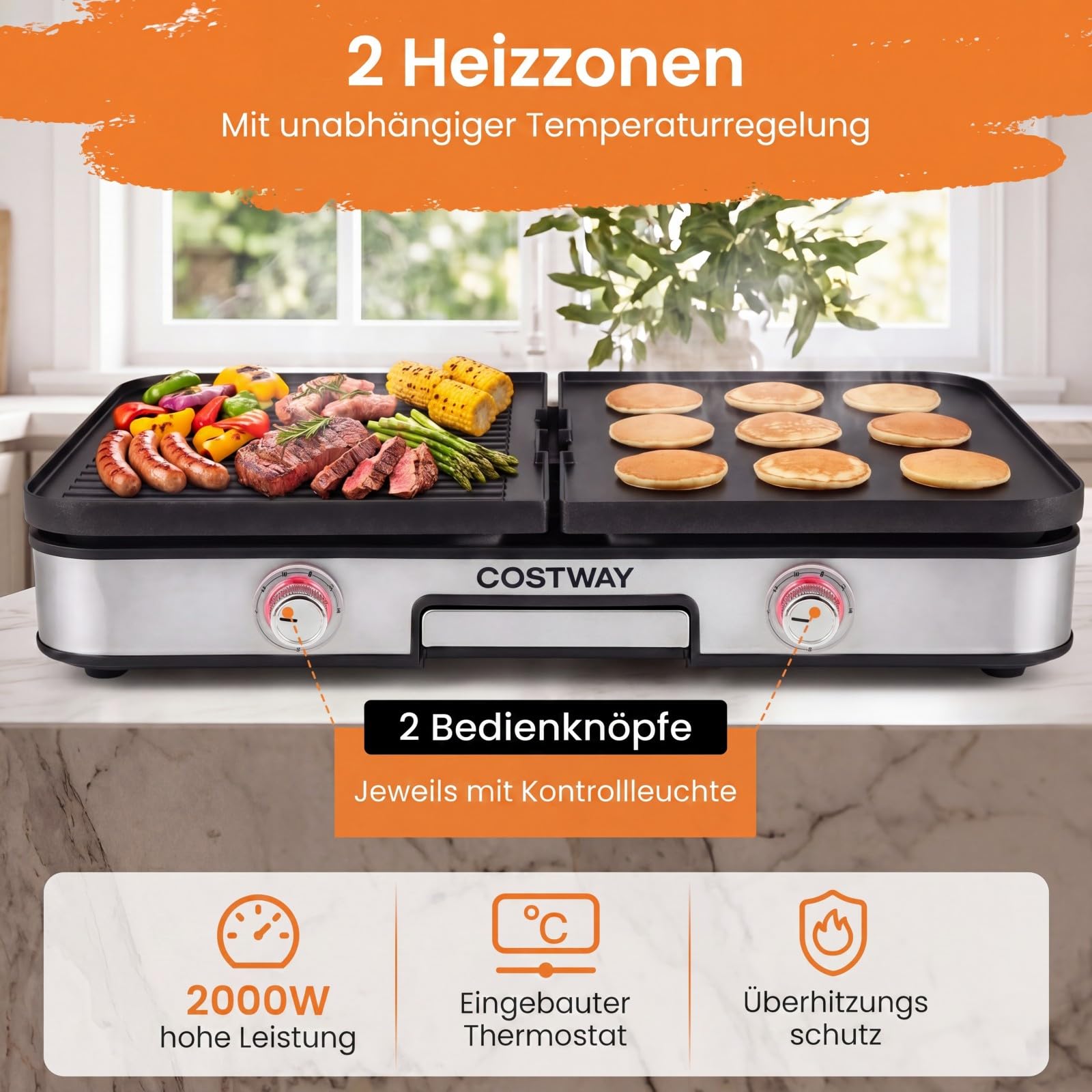 COSTWAY Tischgrill elektrisch, 2000W Elektrogrill mit Spritzschutz, 2 Thermostate, 6 Temperatureinstellungen & Auffangschale, kompakter Plattengrill für drinnen & draußen
