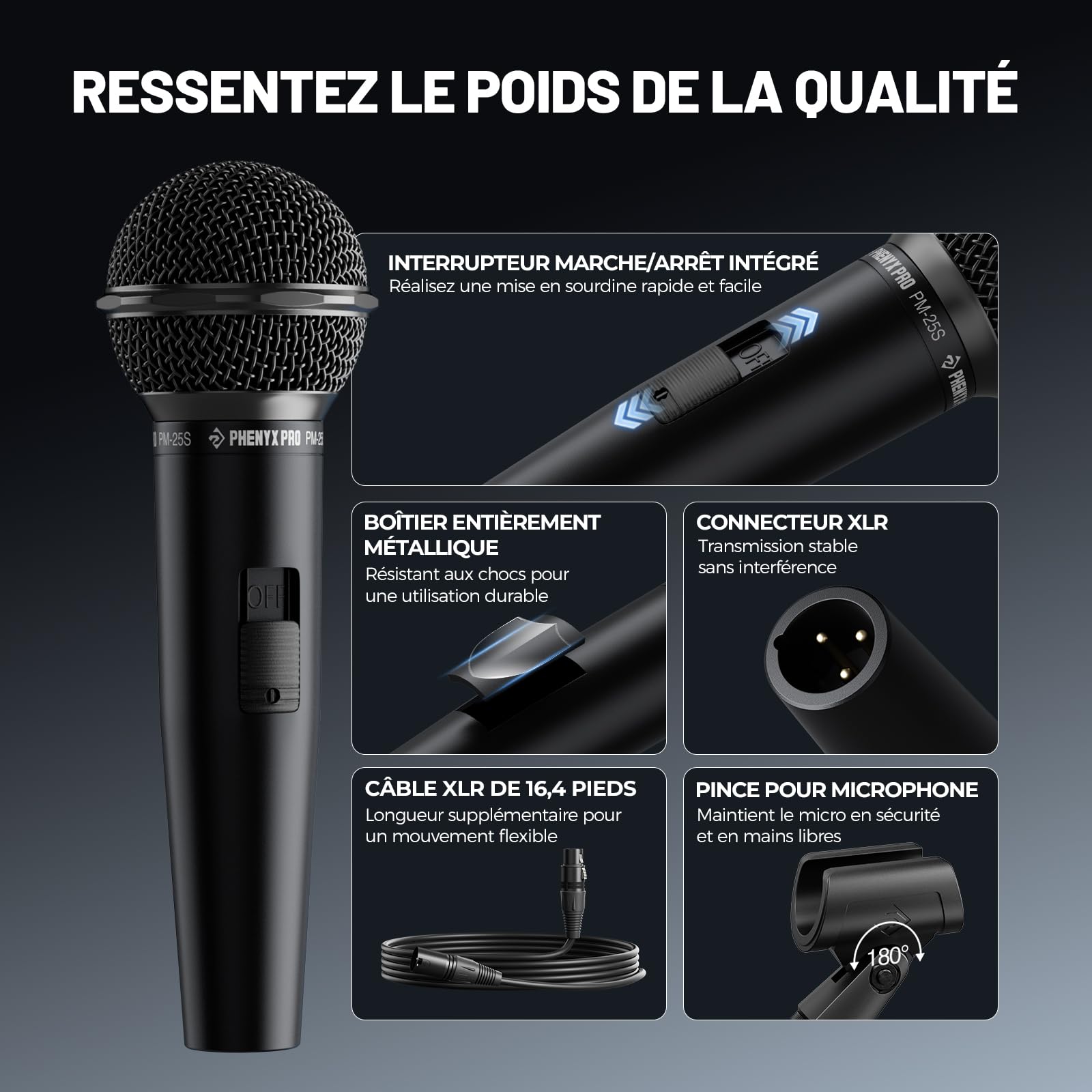 Phenyx Pro Micro Vocal Dynamique Cardioïde XLR on/Off PM-25S