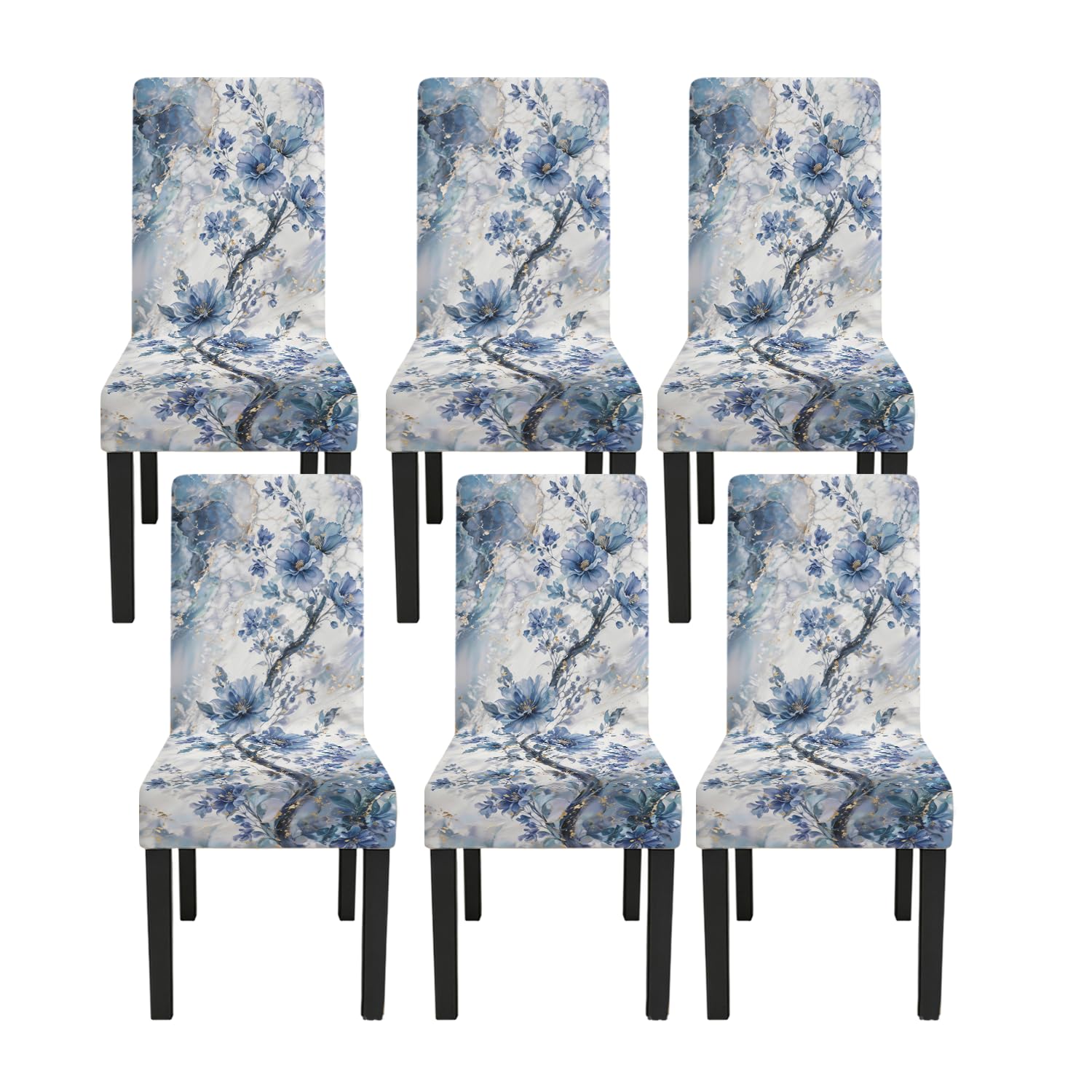 6 Pack Stretch Chair Covers, Blue Floral Marble Dining Slipcovers