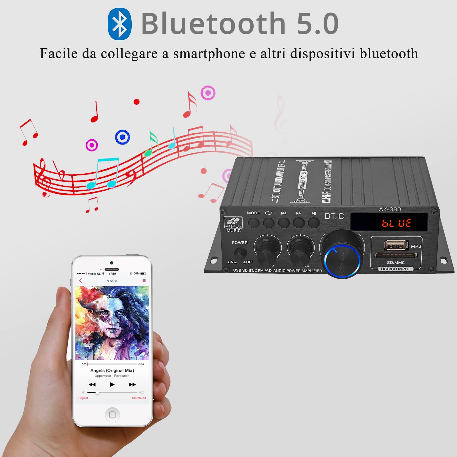 LiNKFOR Amplificatore Bluetooth 5.0 con Display LCD Amplificatore Potenza 2.0 Canali 40W+40W con Alimentatore 12V/5A Supporta Disco U Wireless BT Controlli Bassi/Alti AMP Audio per Auto Casa Garage