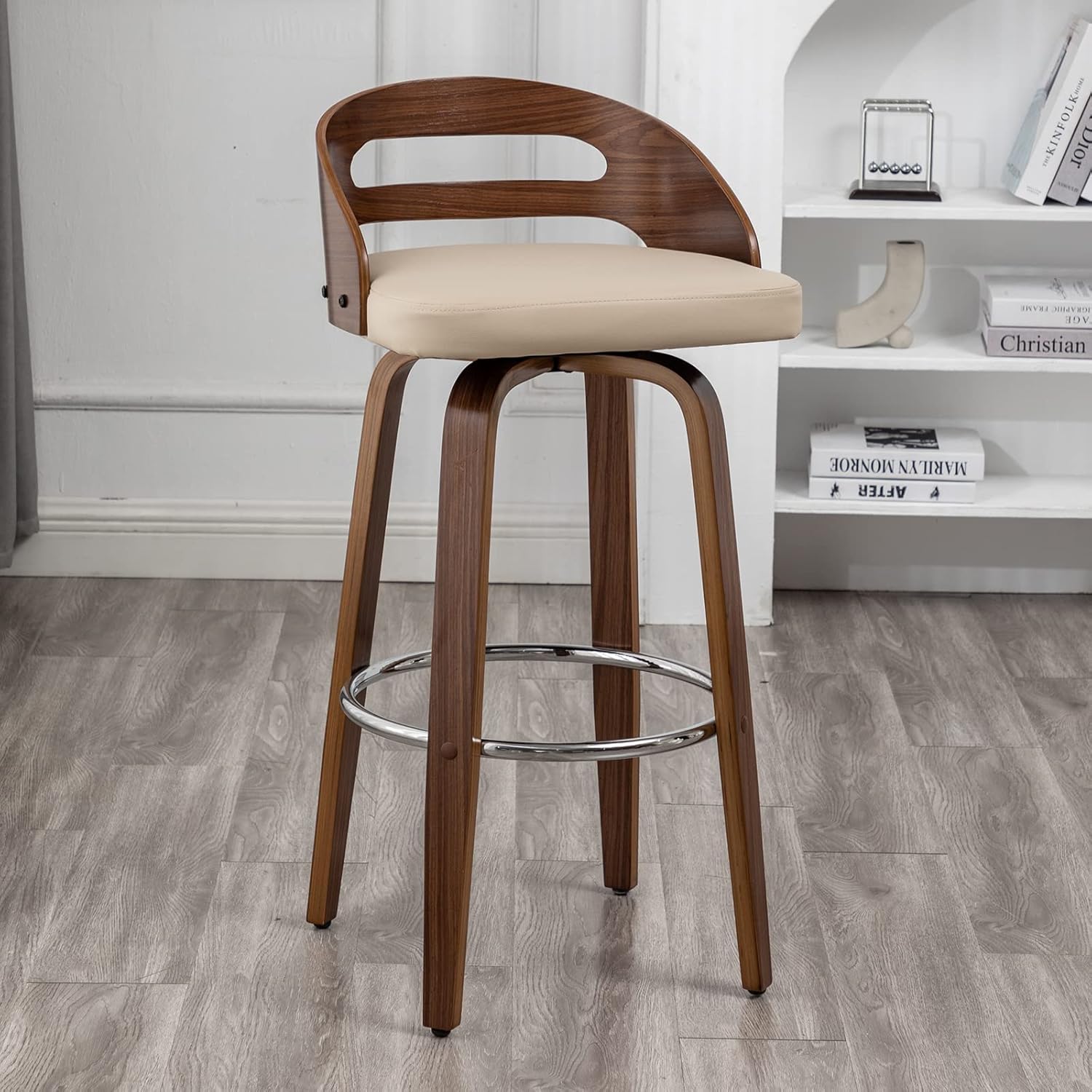 Counter Stools Set of 2, Counter Height Bar Stools with Walnut Bentwood, Low Back, Upholstered Faux Leather, Soft Cushion Seat, Counter Top Stools for Kitchen/Island (Beige, 25" Seat Height) Beige Seat Height - 25"