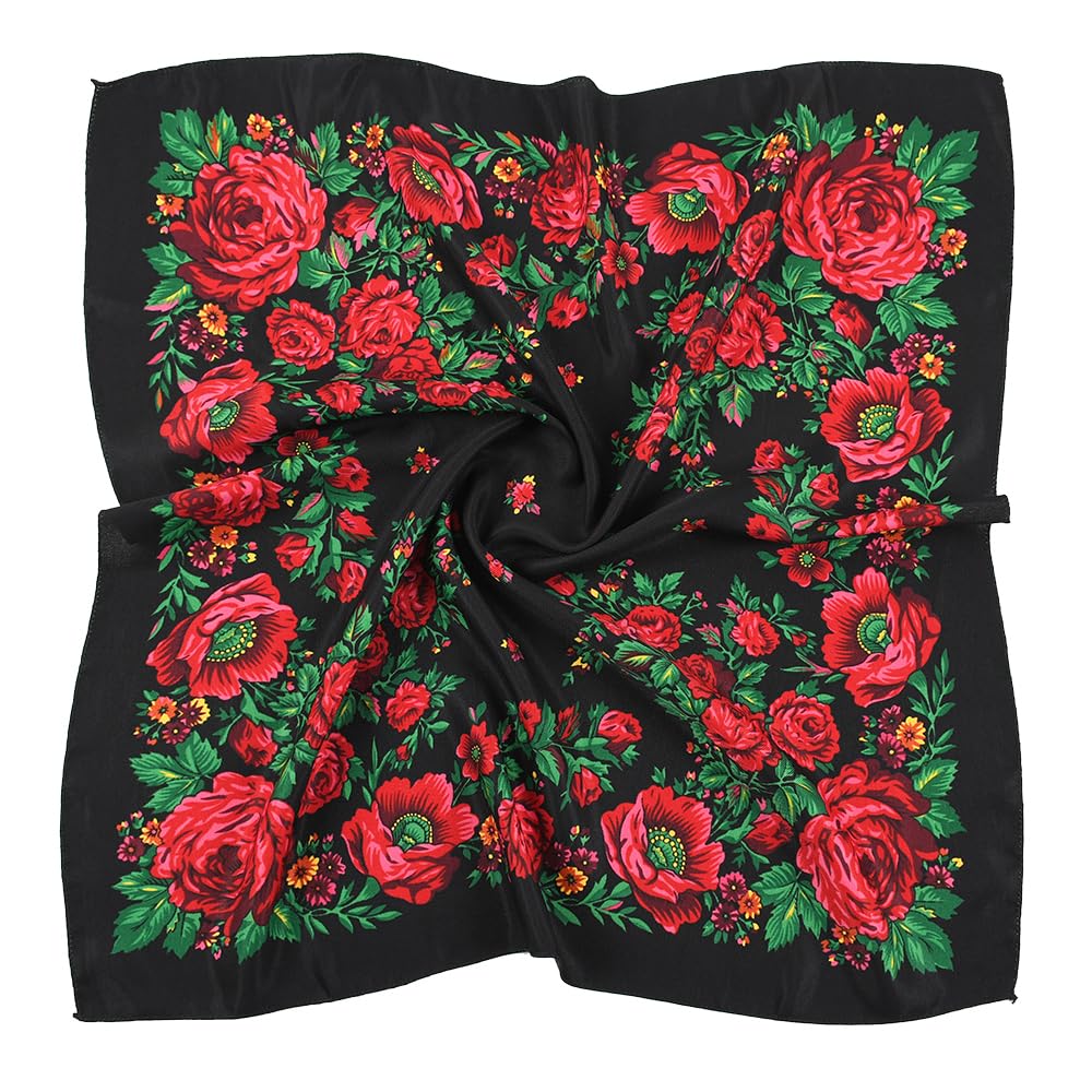 ZGYDNM Spring And Autumn Bohemian Style Flowers Head Scarf Shawl,70x70cm(Black) Russian And Ukrainian Style Square Shawls Scarves