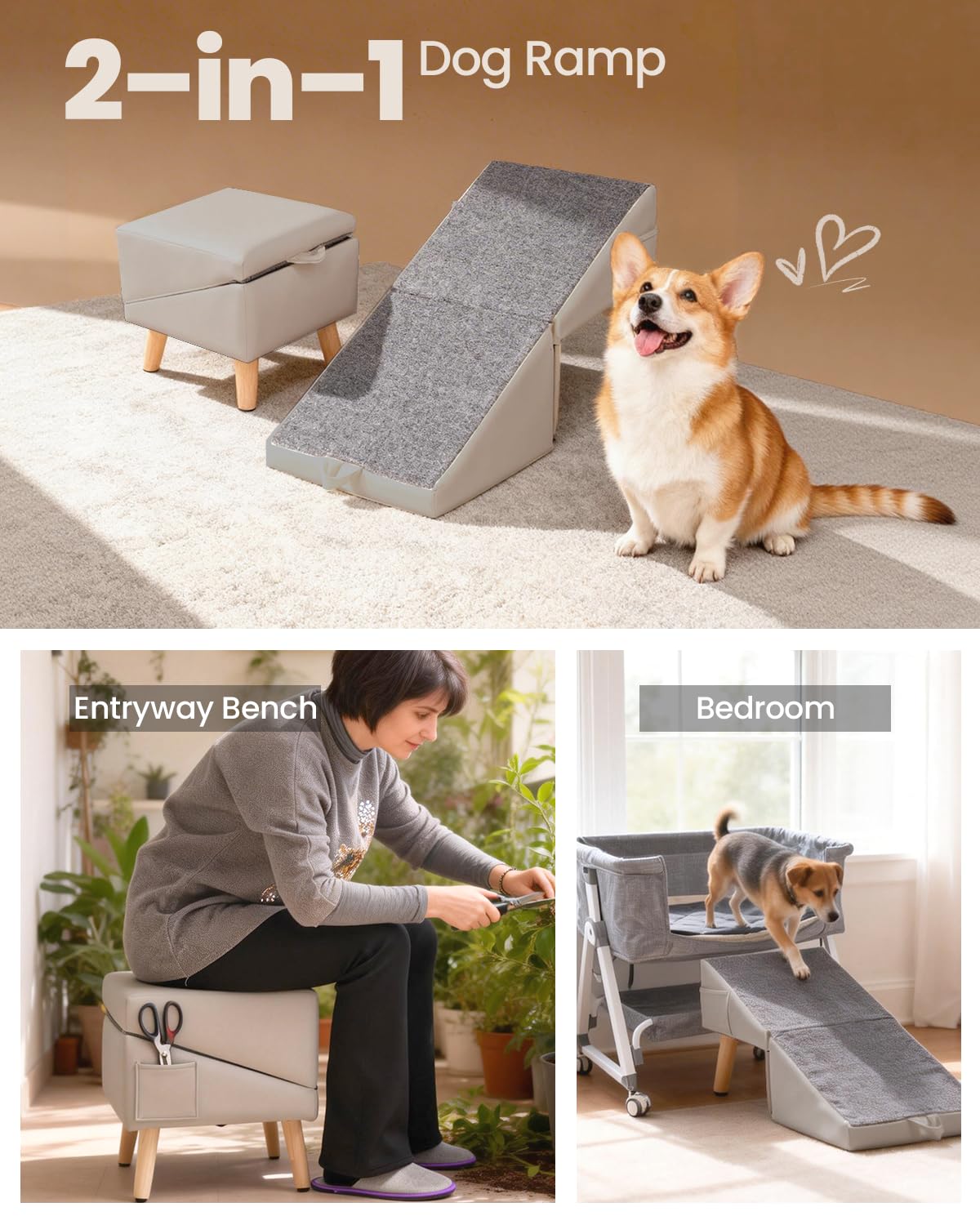 2 en 1 Rampa para Perros para Sofá y Cama, 40cm, Inclinación Suave 23° | Escalera Plegable para Perros Pequeños, Medianos y Gatos, Rampa Antideslizante Estable, para Mascotas Mayores o Lesionadas
