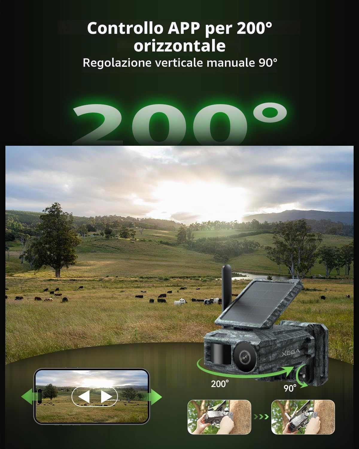 Xega 2K Telecamera Solare 4G con Scheda SIM 2 Pannelli Solari,senza WiFi