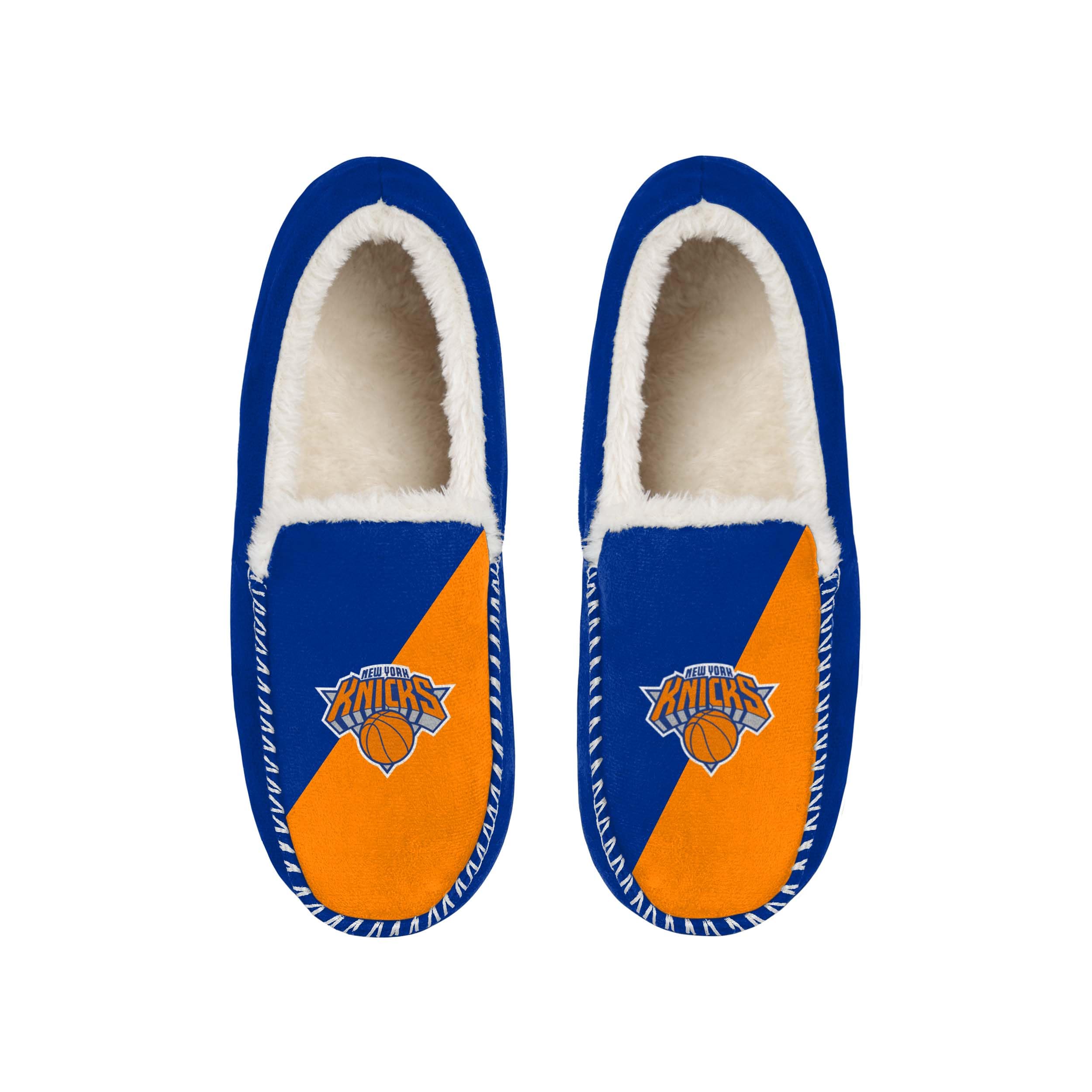 FOCO NBA Unisex-Adult Officially Licensed Color Block Primary Logo Sherpa Lined Moccasin Slippers (New York Knicks, US Footwear Size System, Adult, Women, Numeric Range, Medium, 11, 12)
