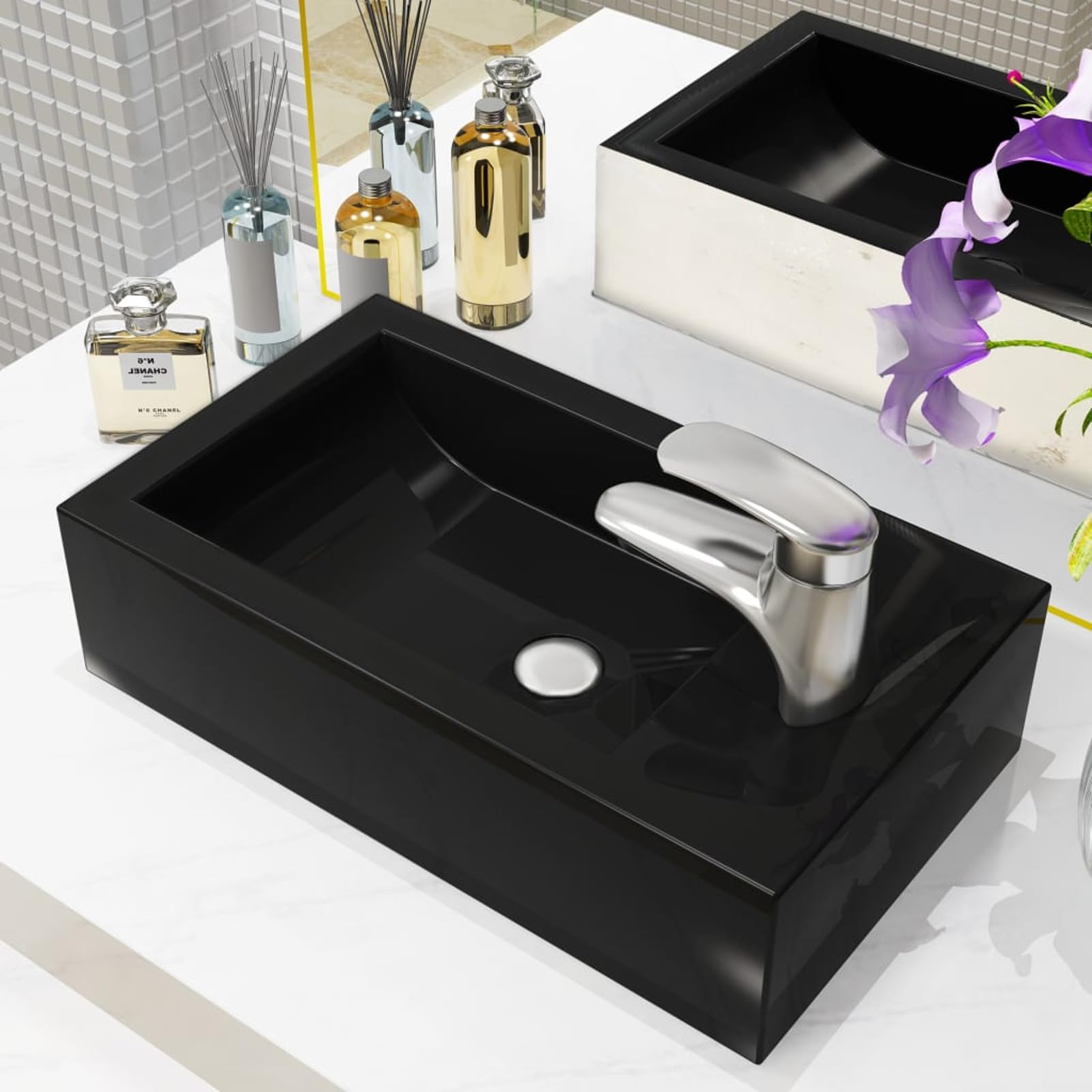 ShGaxin Lavabo con Agujero Grifo Rectangular cerámica 46x25,5x12 Negro, Fregadero, Lavabo Baño, Lavamanos Baño, Lavatorio Casa De Banho, Mueble Lavabo sobre Encimera
