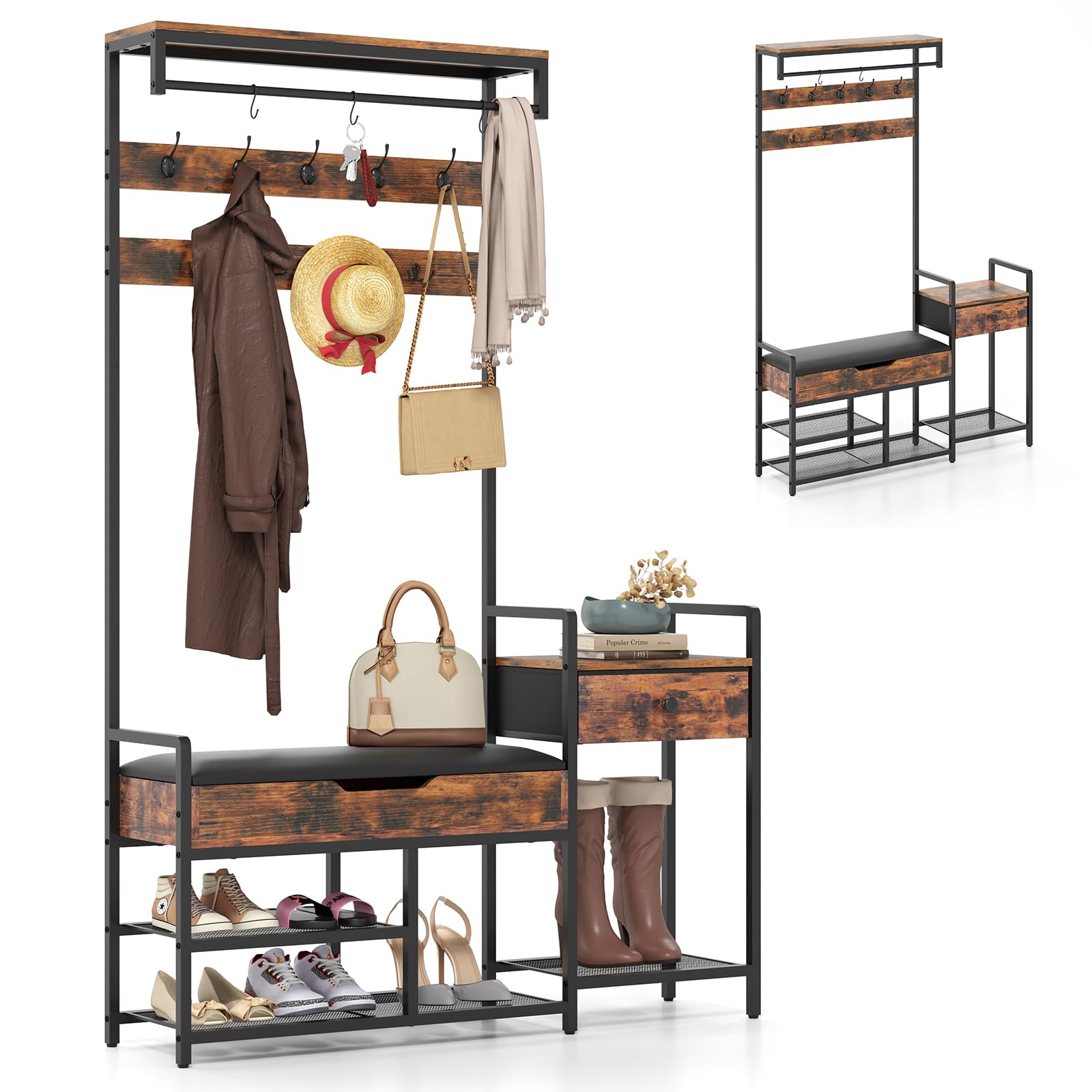 HOMASIS 5 in 1 Stand Appendiabiti con Panca per Scarpe, Guardaroba a Giorno con 12 Ganci, Scarpiera, Asta Appendiabiti, Cassetti e Scaffali, Armadio Aperto in Metallo, Marrone, 120 x 30 x 178 cm