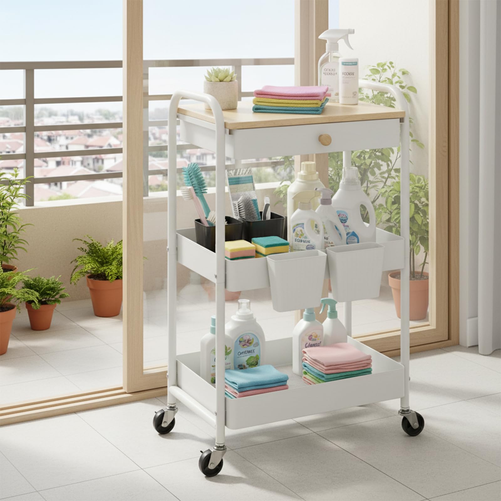 danpinera Carro con ruedas de 3 niveles de metal con cajones y tablero de madera, carrito de servir, carrito de manualidades, carrito de cocina con ruedas para cocina, salón, baño, ganchos y tazas