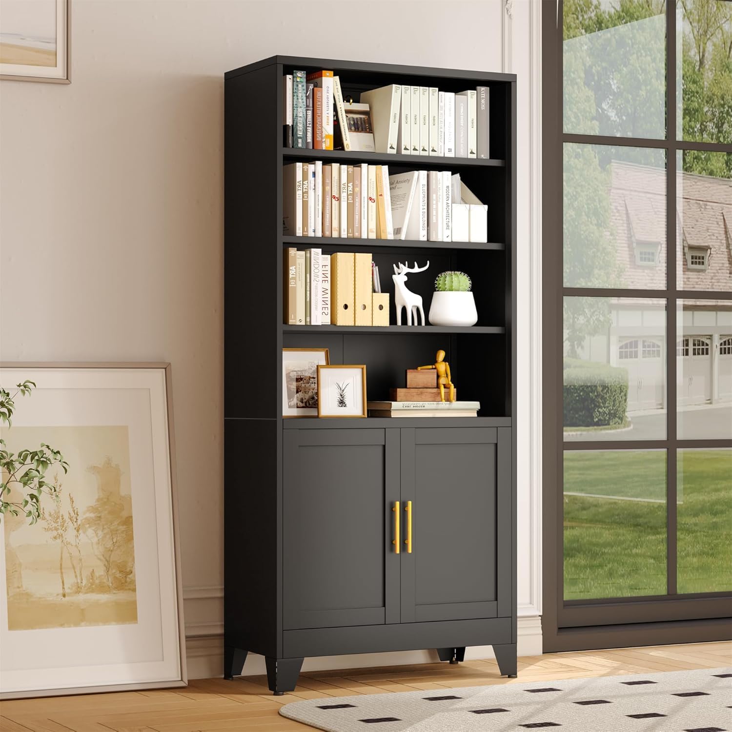 71" H Tall Metal Bookcases and Bookshelves with 2 Doors and Adjustable Shelves，Tall Storage Cabinet Industrial Bookshelf 6-Tier Open Display Shelf，Decor Furniture for Living Room, Bedroom