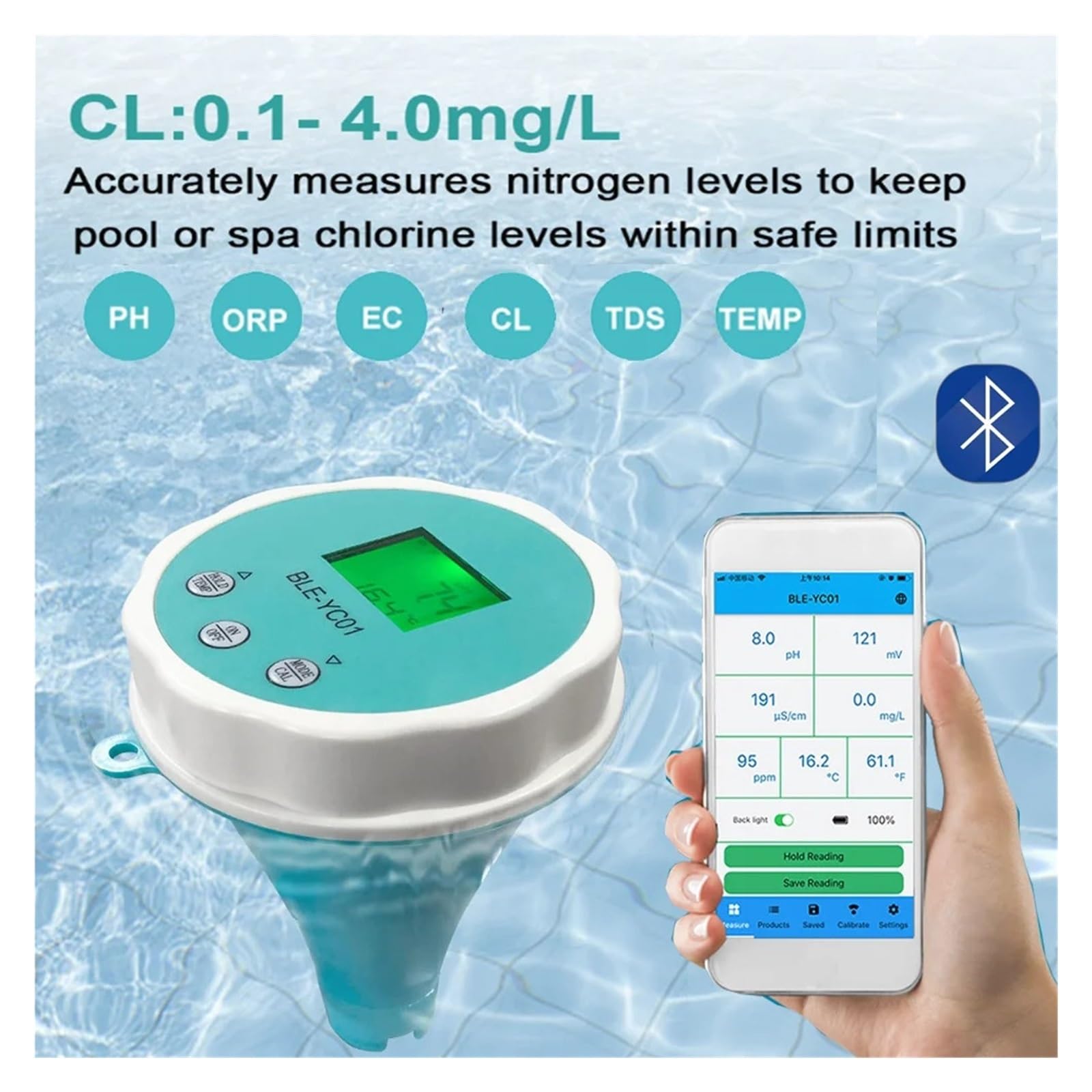 Detektor Jakości Wody 6w1 PH EC TDS ORP Temperatura Chloru Wyświetlacz Aplikacji Wielofunkcyjny Tester Jakości Wody W Basenie DokłAdny Pomiar