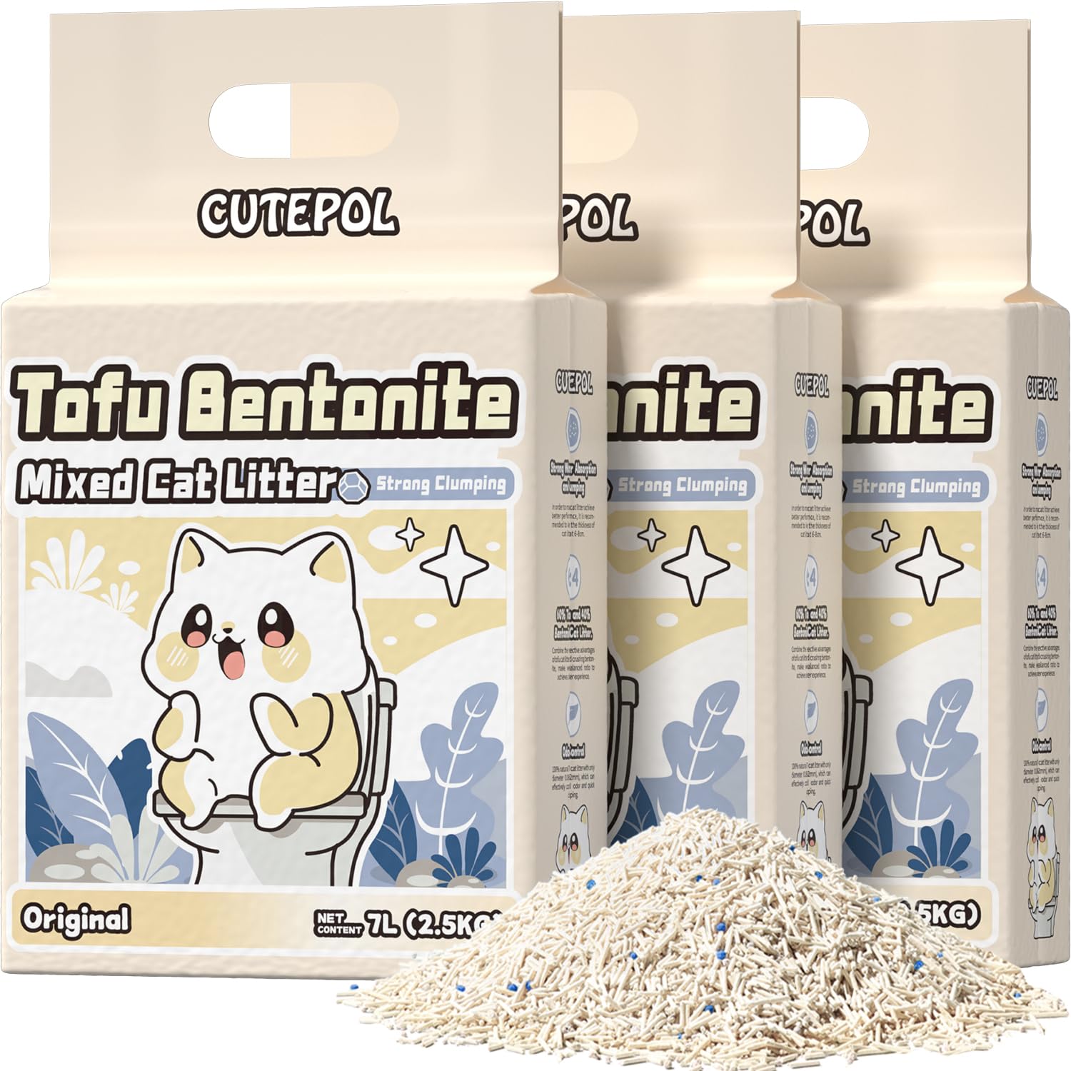 Cutepol Mixed 4-in-1 Clumping Cat Litter 16.5L, Odor Control and Rapid Clumping, Water Absorbent and Flushable, Dust-Free, Multi-Cat, Bentonite Tofu Cat Litter, Jasmine Scent, 5.5L/Pack