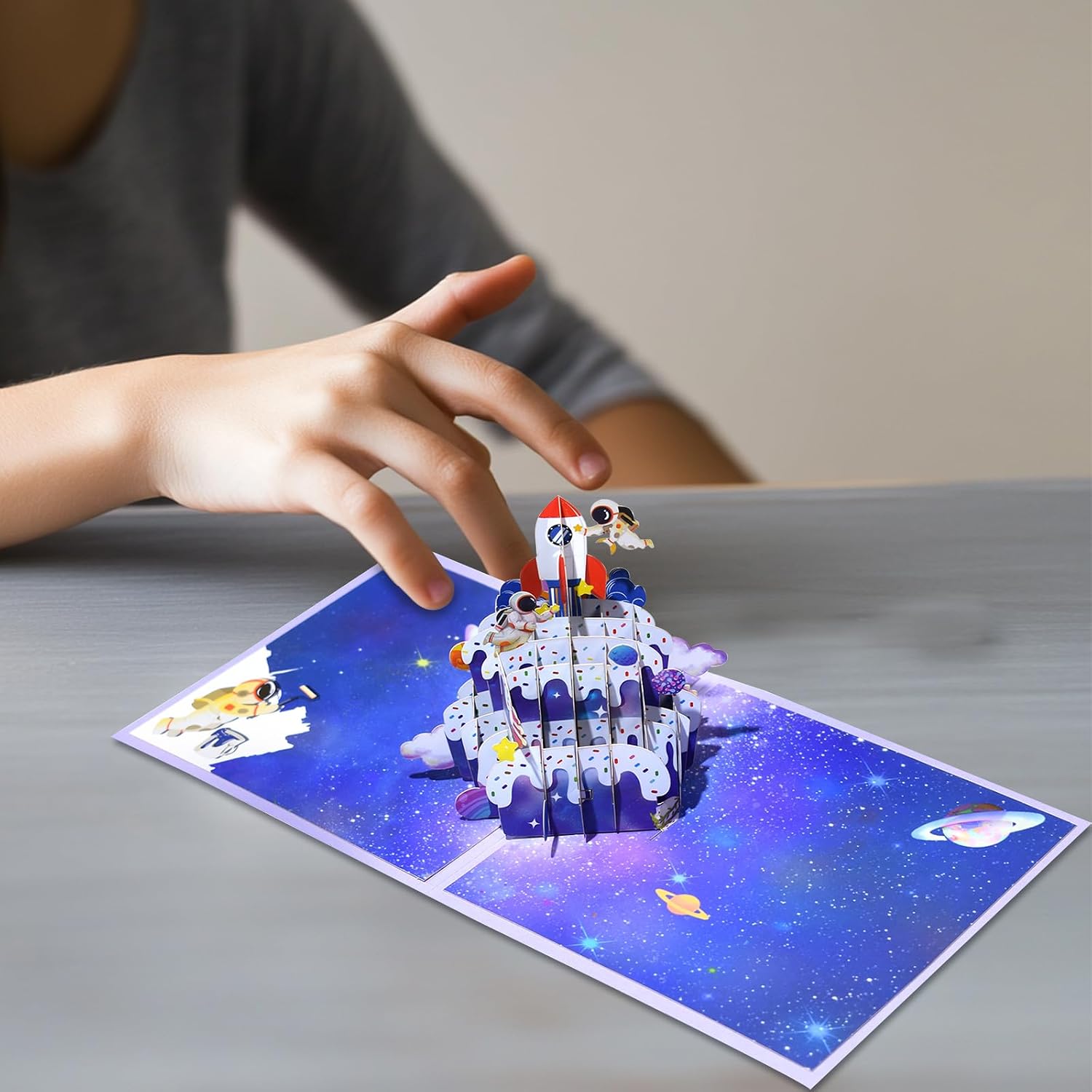 Rocket and Astronaut Cake Pop Up Happy Birthday Greeting Card, ideal love Gift for Adult and Kid with Blank Note Card & Envelope, Foldable Celebration Card for Daughter, Son, Mom, Dad, Friend image 5
