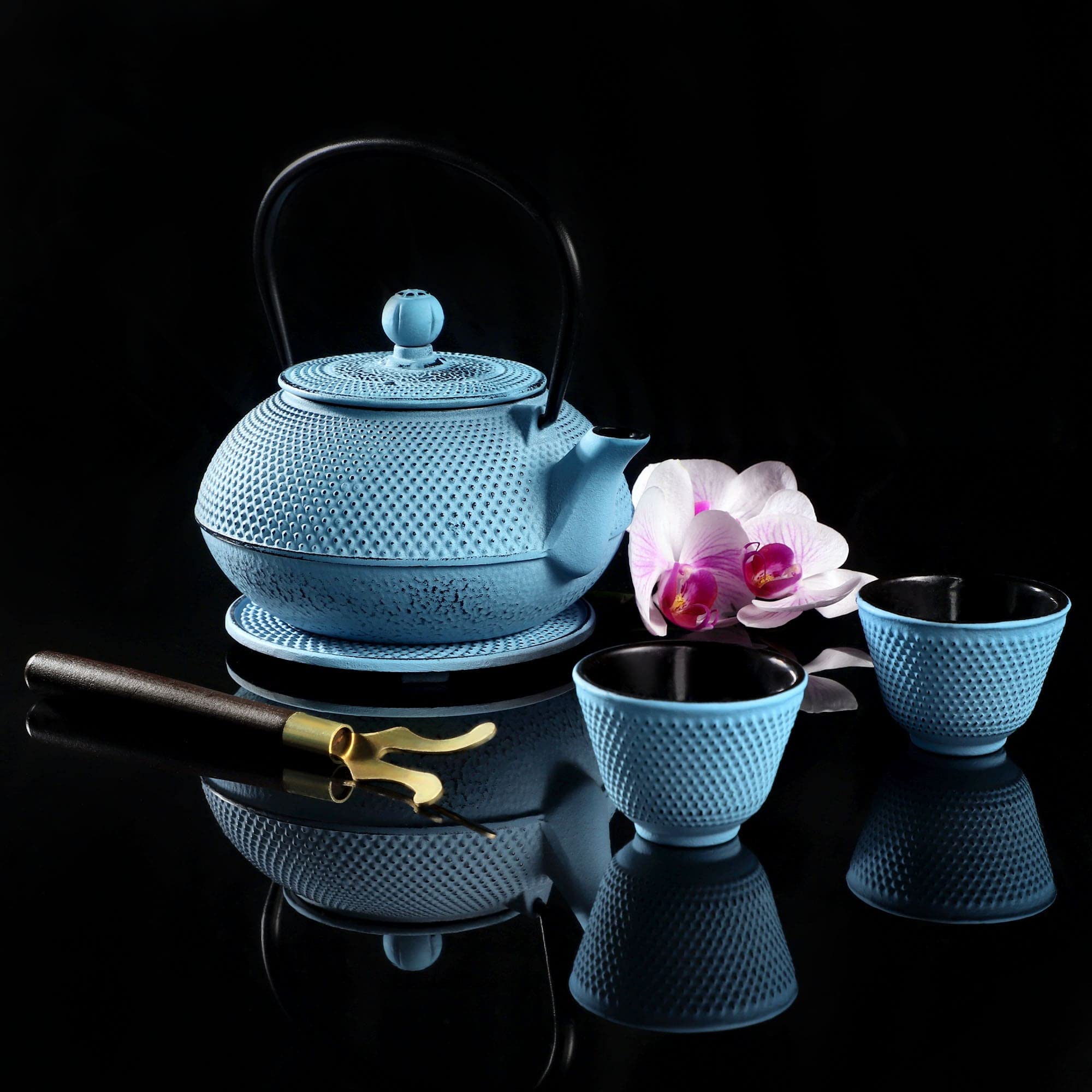 KADAX Tetera japonesa, hervidor de hierro fundido de 850 ml, jarra de 15 cm con filtro de malla y mango resistente, juego de té estilo japonés, jarra de hierro tradicional (azul)