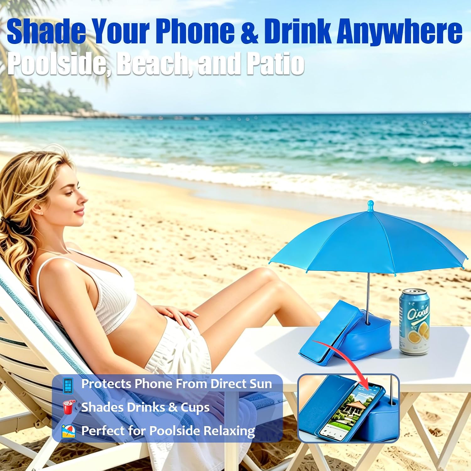 Touchscreen Poolside Phone & Drink Shade Umbrella with Water-Fill Base