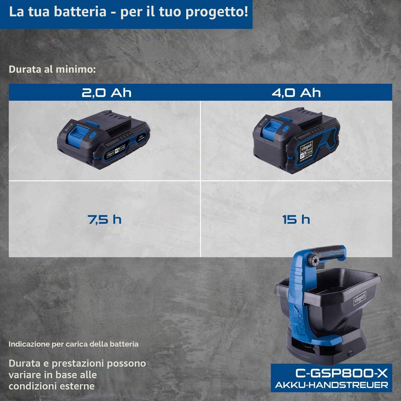 Spandiconcime a batteria SCHEPPACH C-GSP800-X - 20V IXES - Capacit? di superficie 800 m2 - Contenitore 3,5 litri - senza batteria n? caricabatterie
