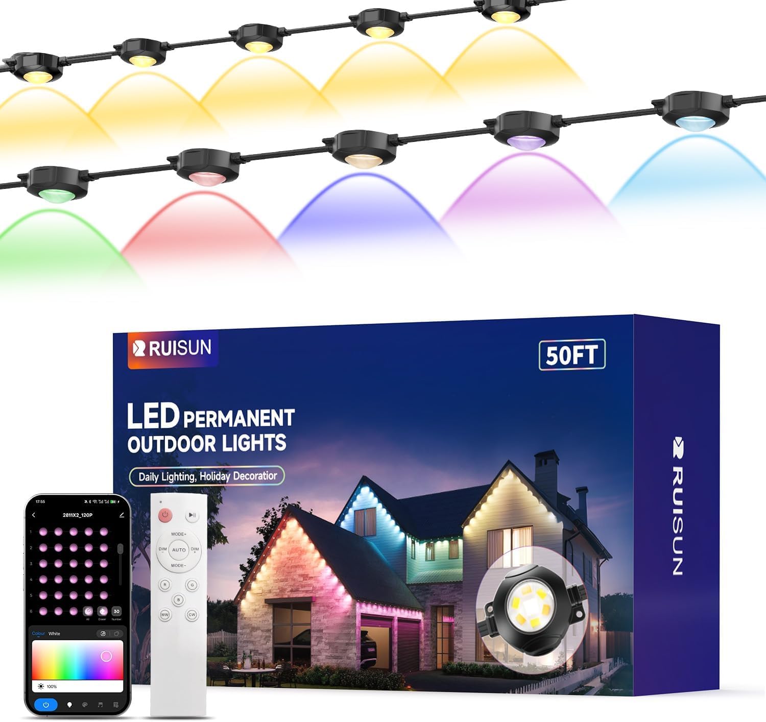 Permanente Außenbeleuchte Lights RGBICW 2700-6000K LED Lichterketten Outdoor IP67 Wasserdichte mit App Steuerung für Weihnachtsdekoration Gartenpartys und tägliche beleuchtung (50FT Schwarz)